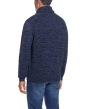 Fisherman Shawl In Dark Denim Htr shown from the back, featuring a shawl collar and relaxed silhouette.