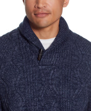 Fisherman Shawl In Dark Denim Htr featuring a shawl collar and toggle detail, modeled by a man.