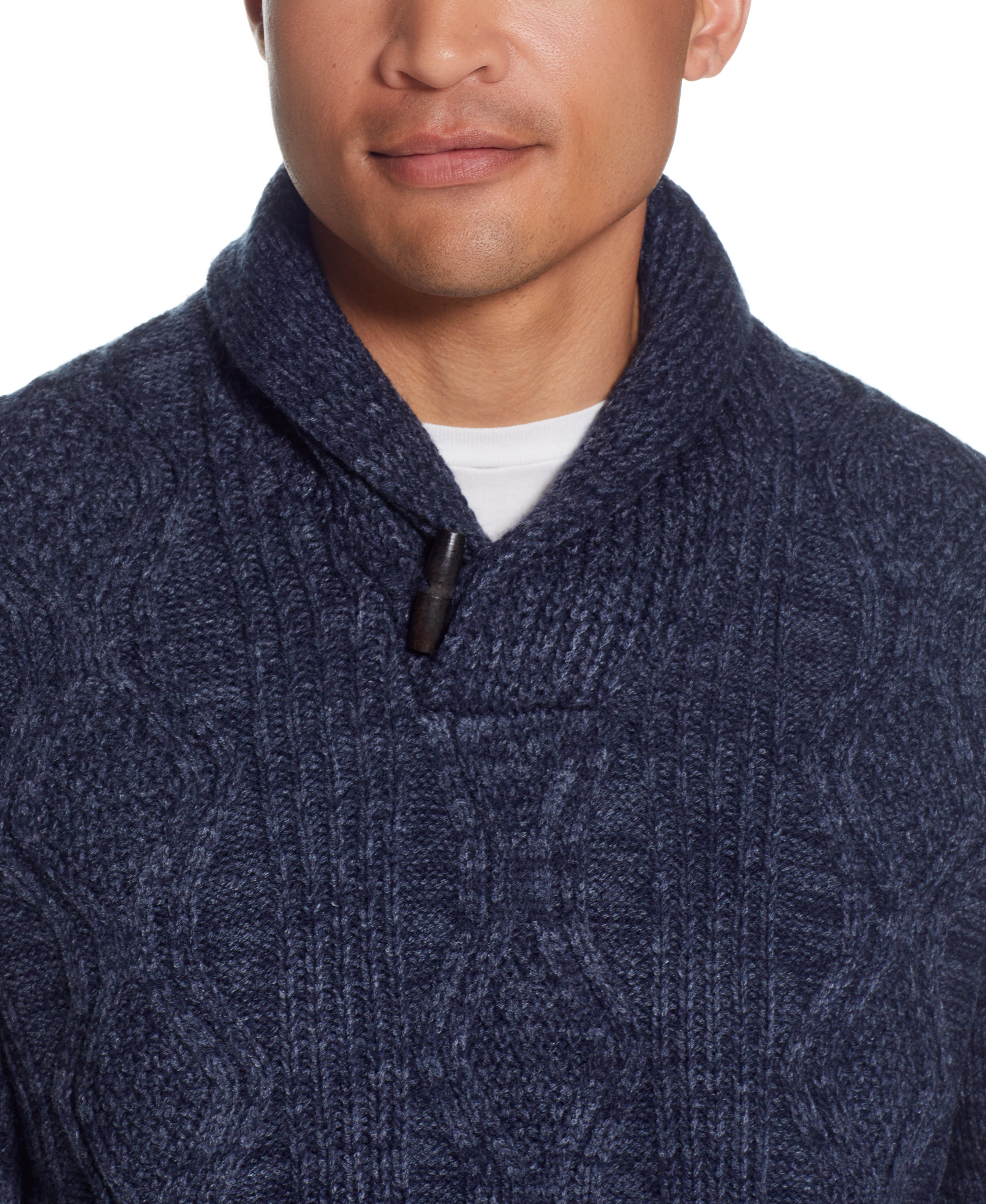Fisherman Shawl In Dark Denim Htr featuring a shawl collar and toggle detail, modeled by a man.