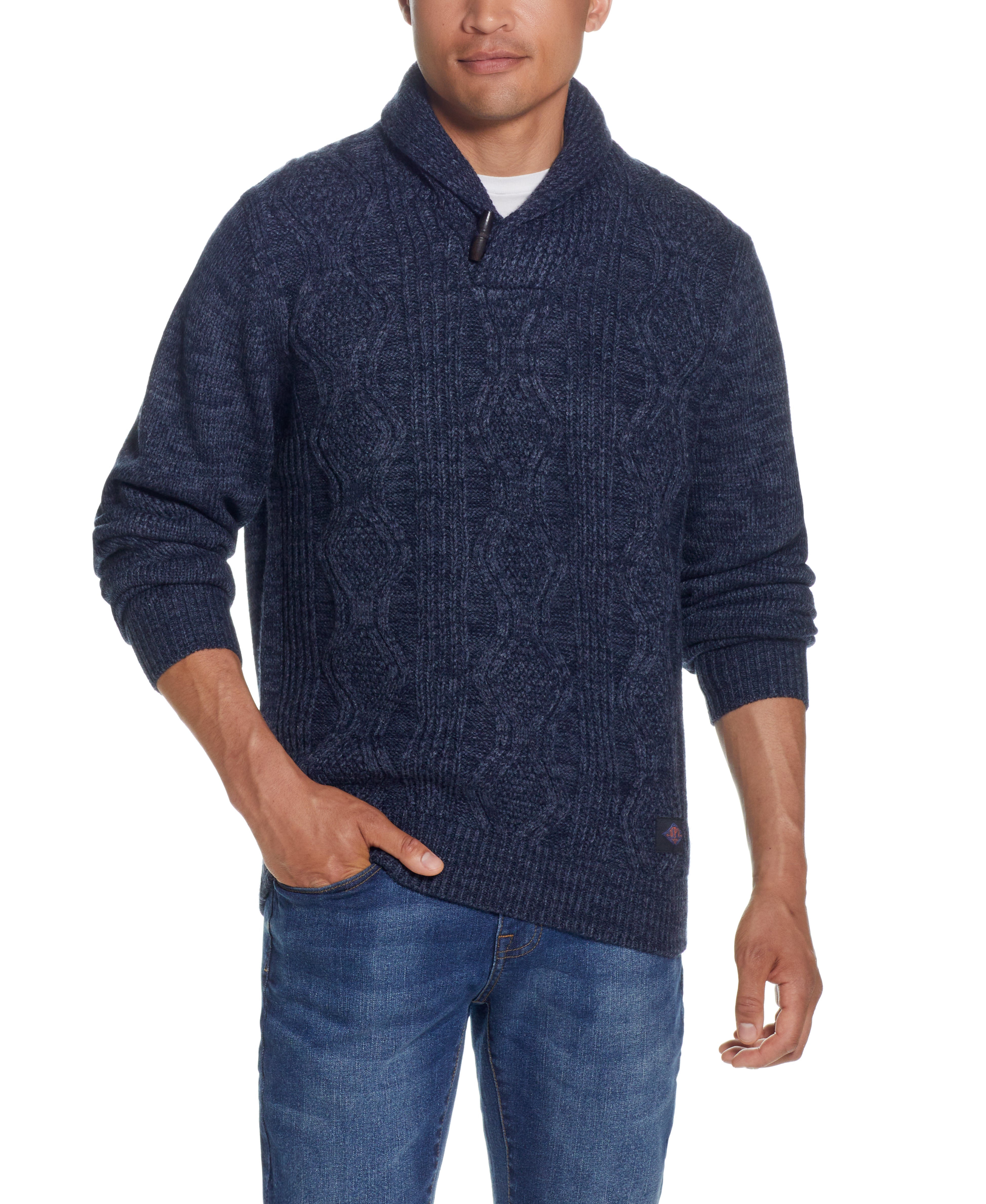 Fisherman Shawl In Dark Denim Htr worn by a model showcasing its classic silhouette and shawl collar design.