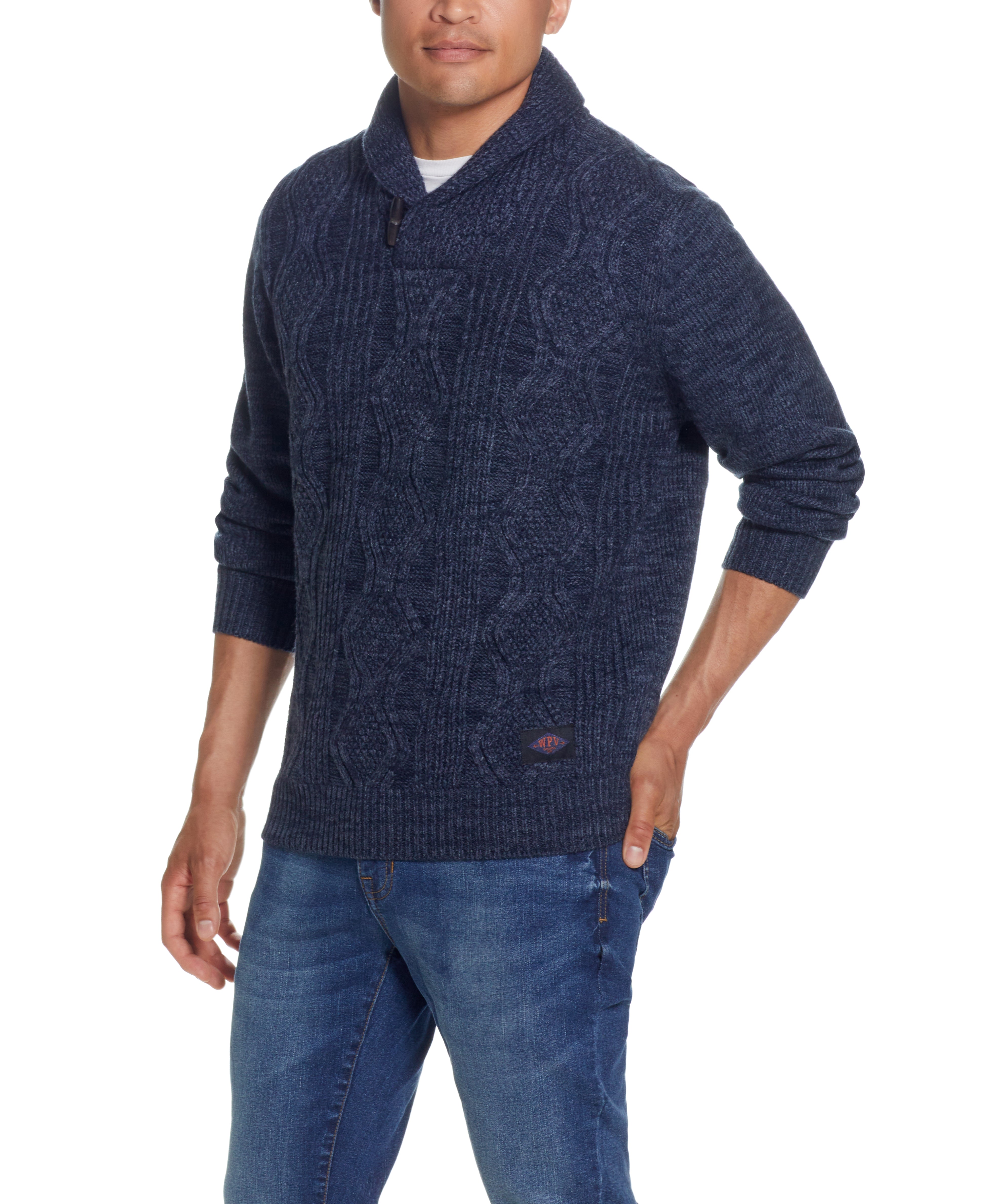 Fisherman Shawl In Dark Denim Htr, showcasing a classic shawl collar and cable stitch design for a stylish, relaxed look.