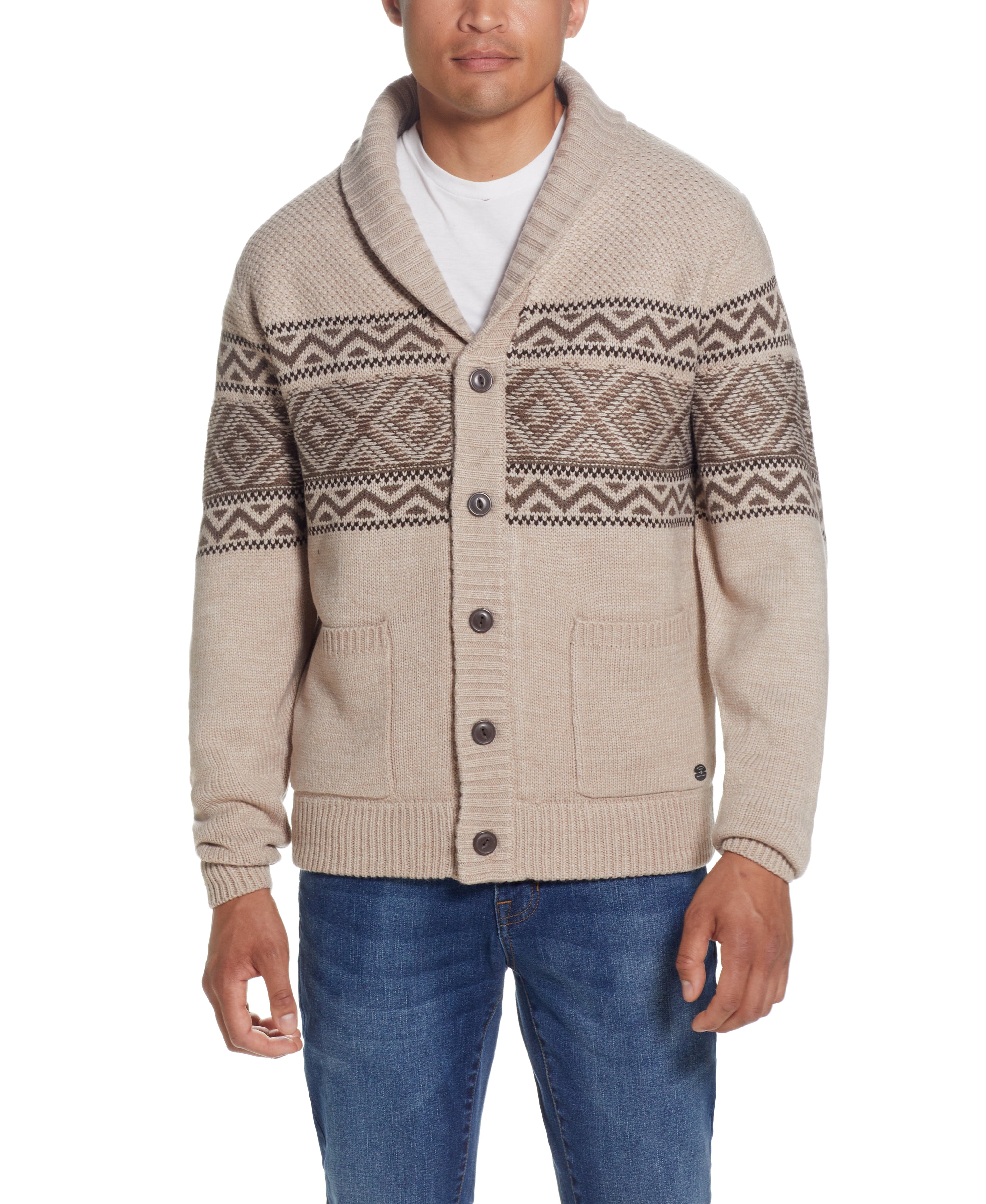 JACQUARD SHERPA LINED BD SWEATER JACKET in PARCHMENT HEATHER