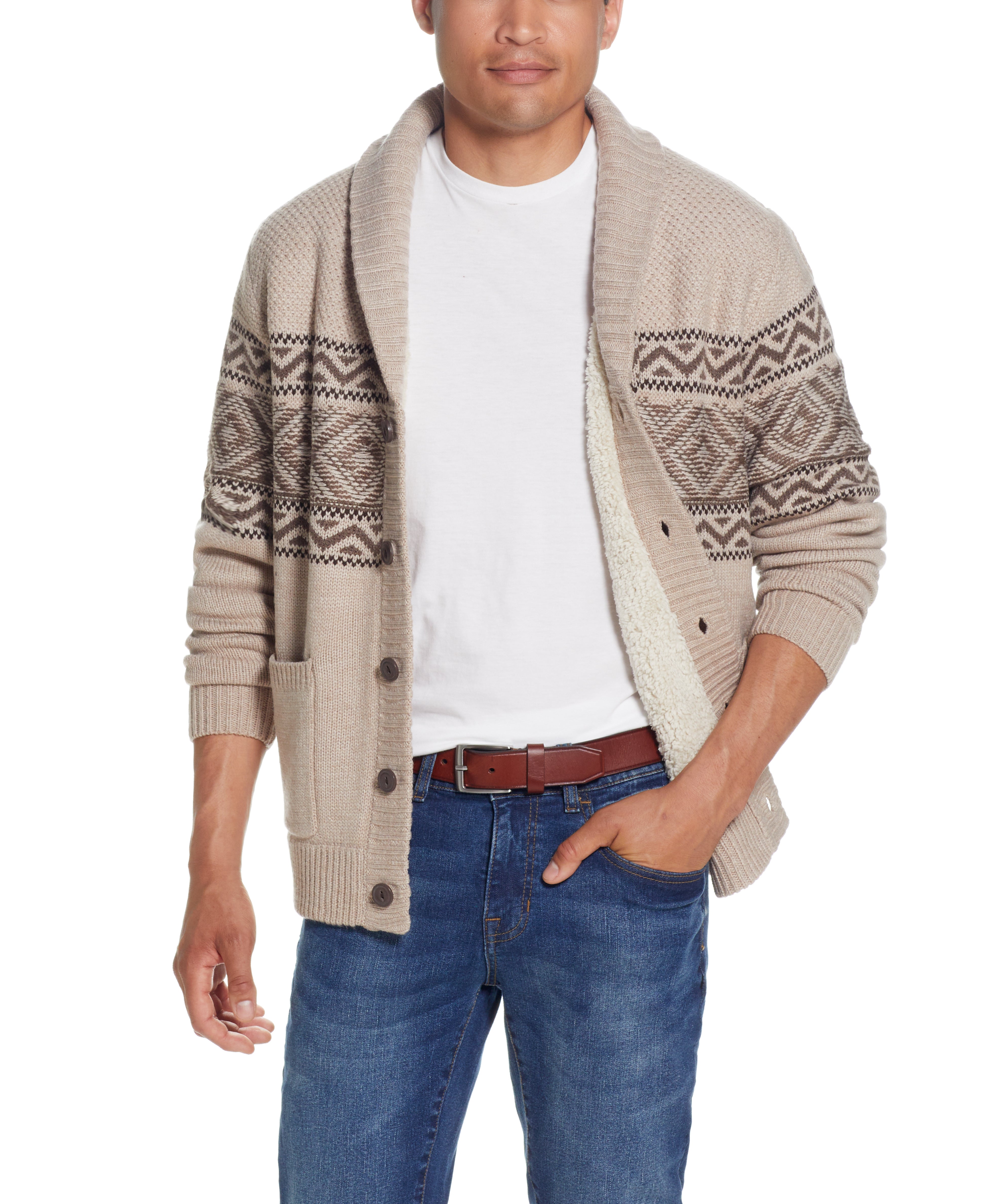 Sherpa Lined Jacquard Sweater Jacket In Parchment Heather