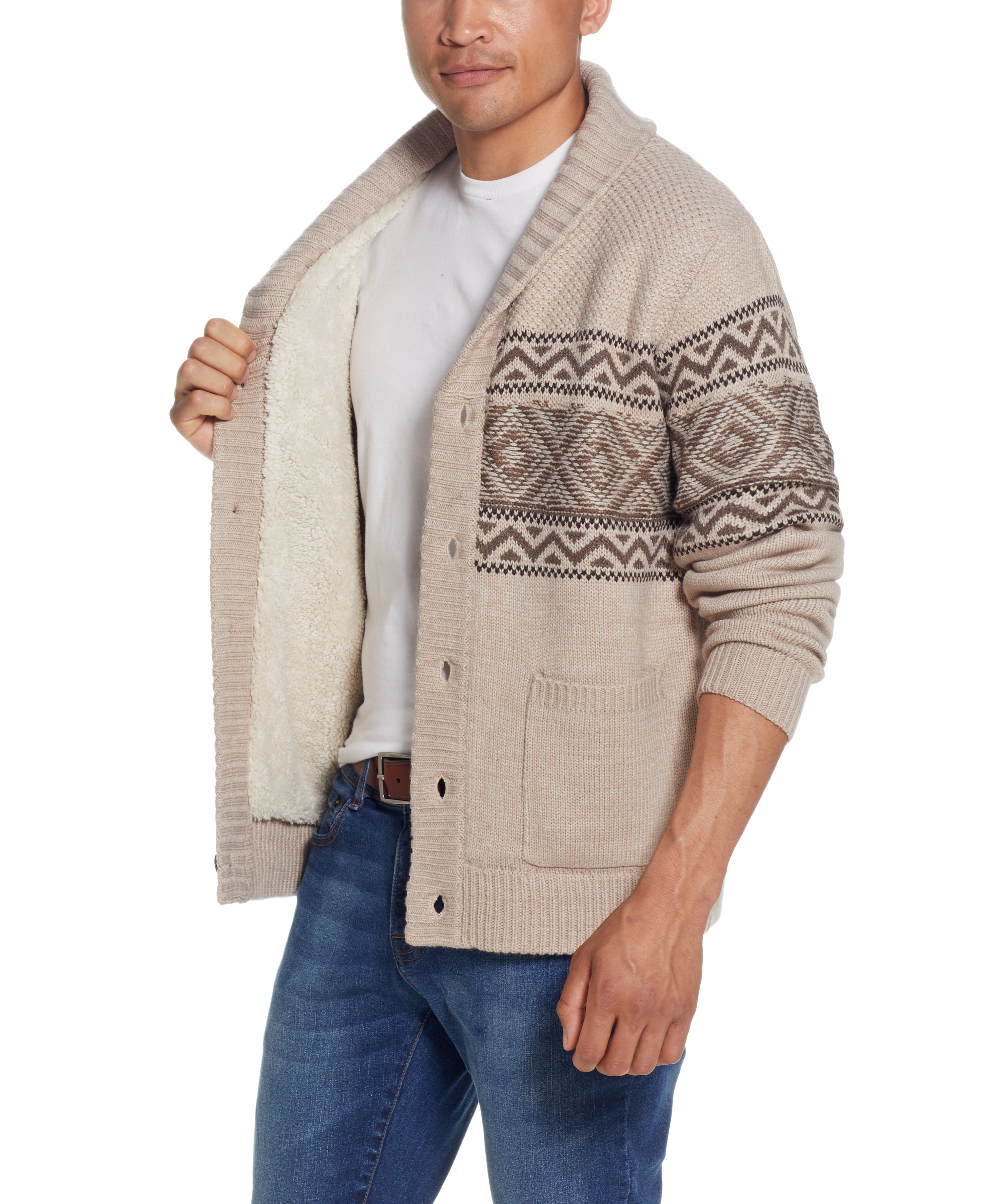 Sherpa Lined Jacquard Sweater Jacket In Parchment Heather
