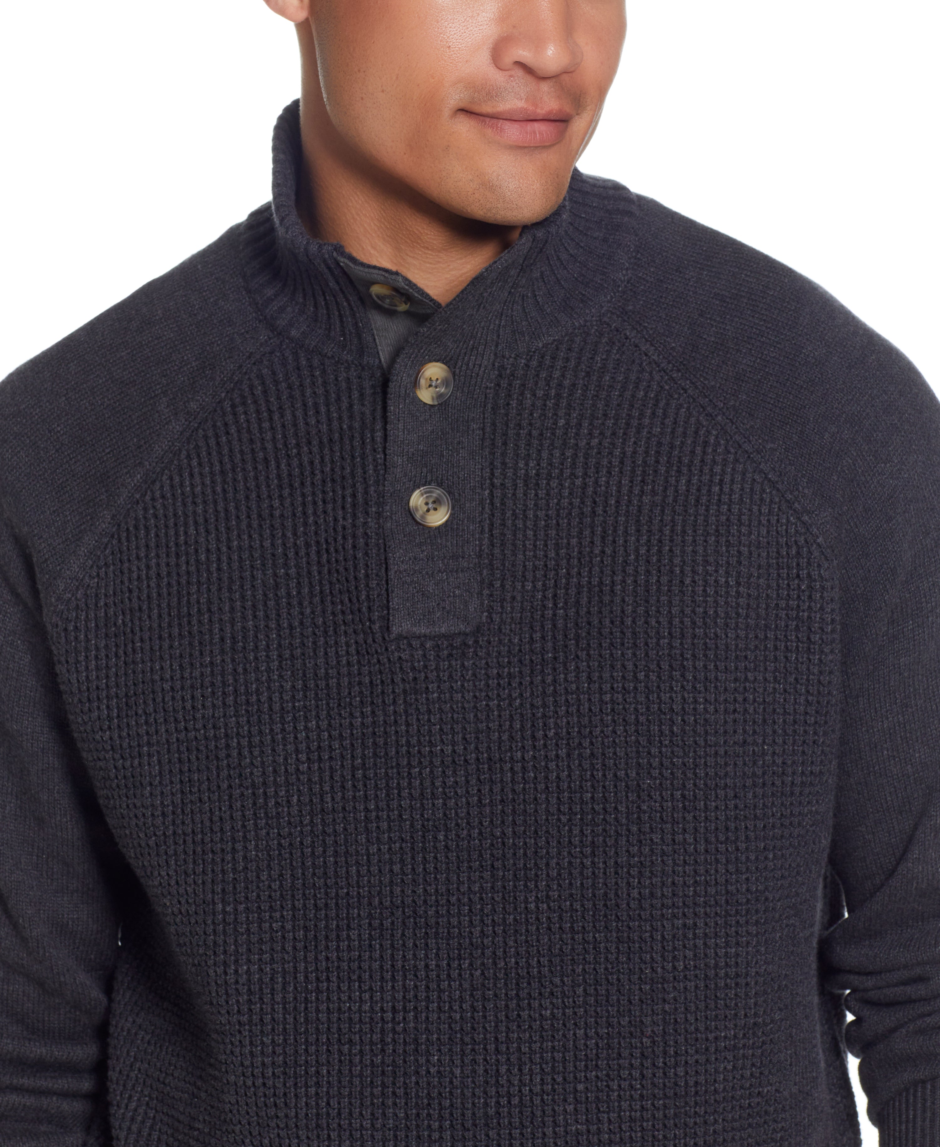 RAGLAN SLEEVES SHAKER STITCH BUTTONUP MOCK in CHAR HEATHER