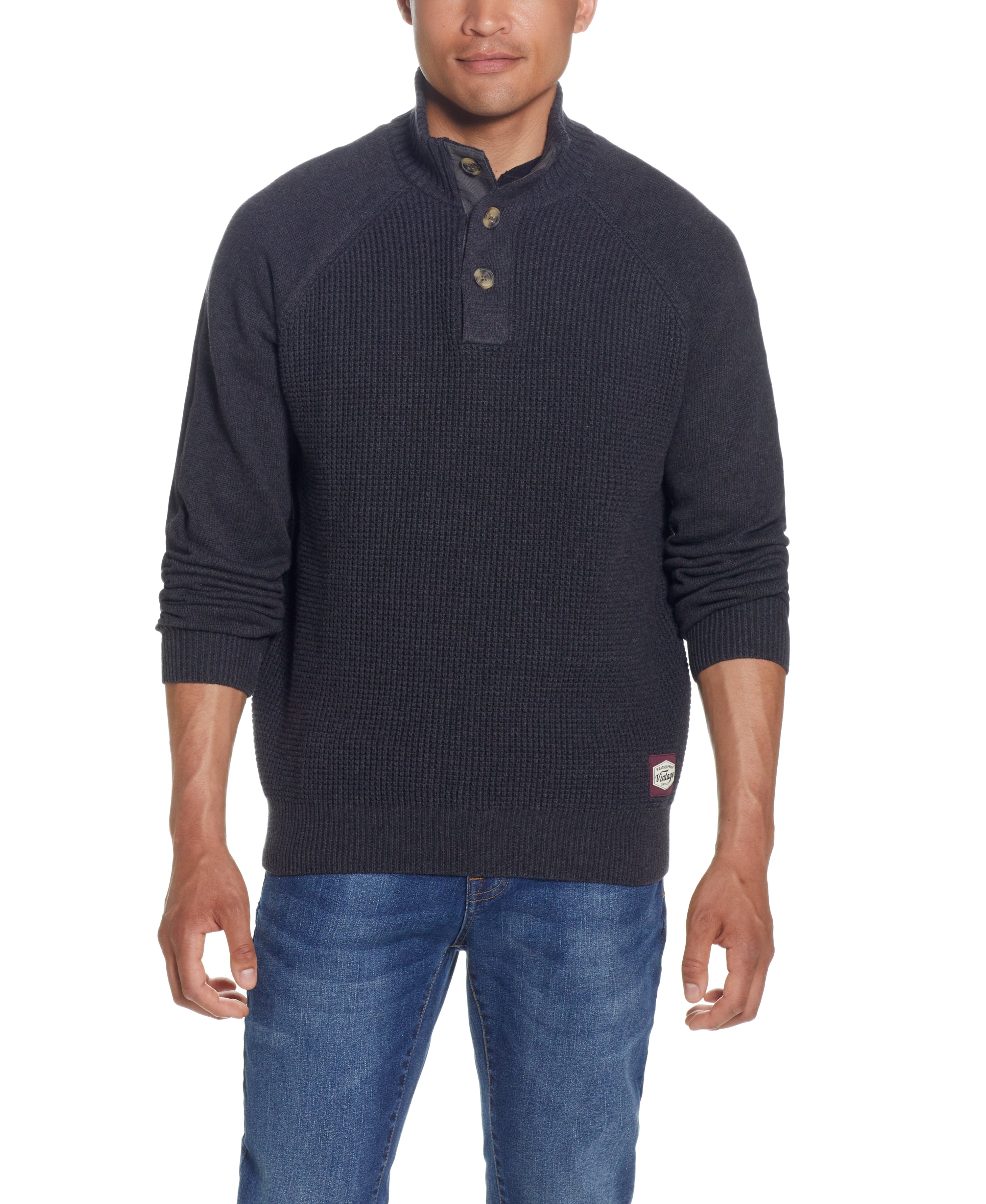 RAGLAN SLEEVES SHAKER STITCH BUTTONUP MOCK in CHAR HEATHER