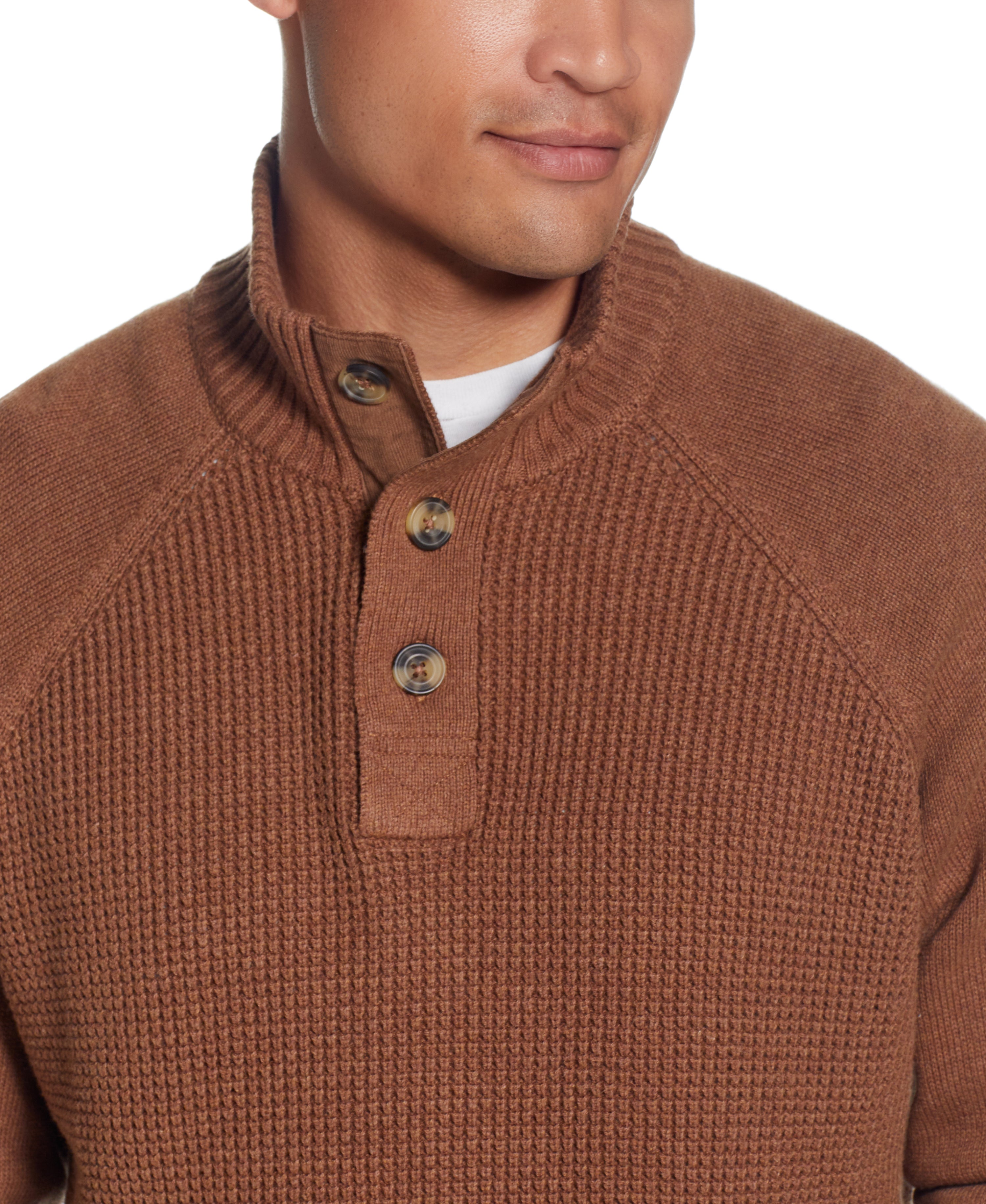 RAGLAN SLEEVES SHAKER STITCH BUTTONUP MOCK in HARVEST HEATHER