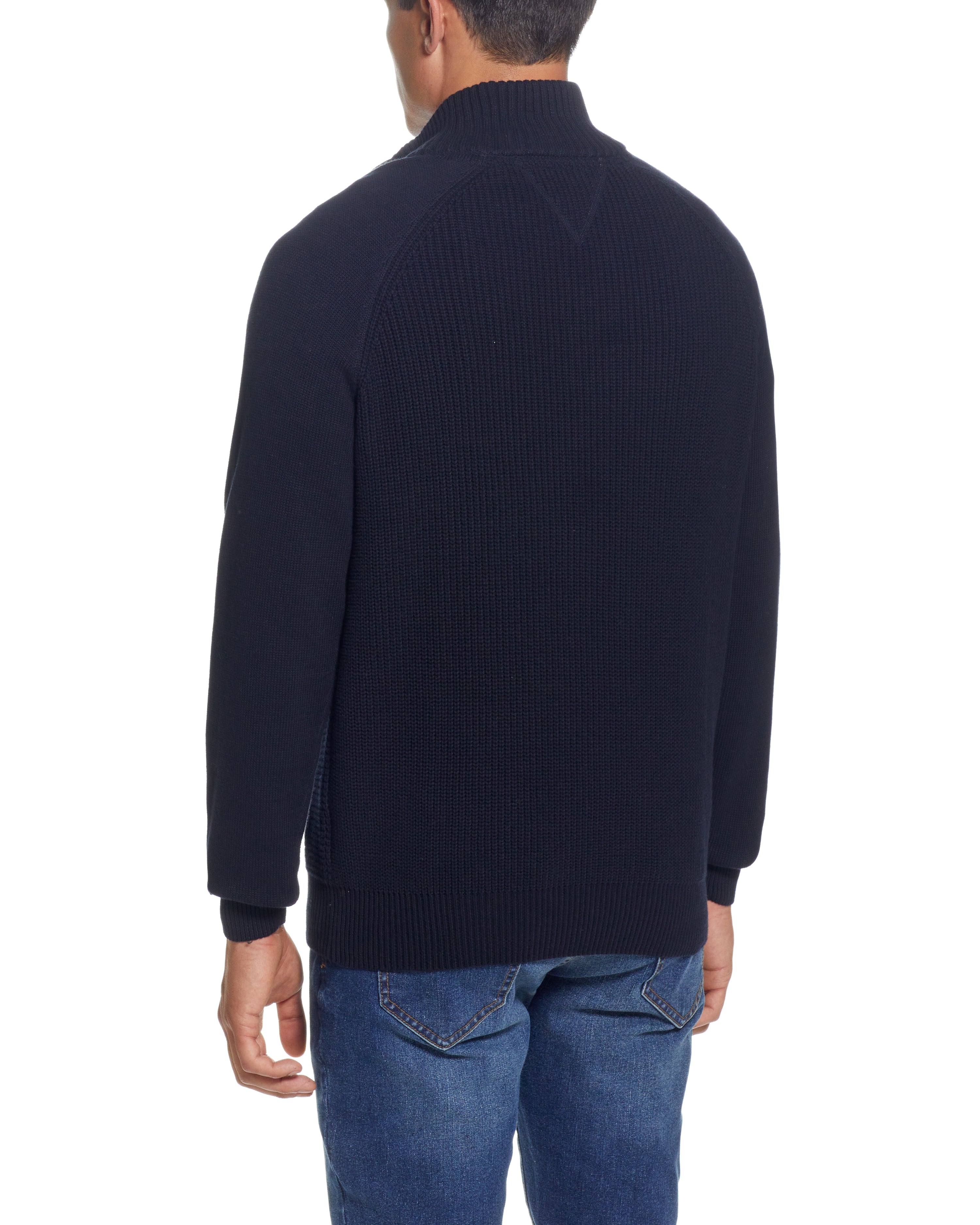 RAGLAN SLEEVES SHAKER STITCH BUTTONUP MOCK in NAVY