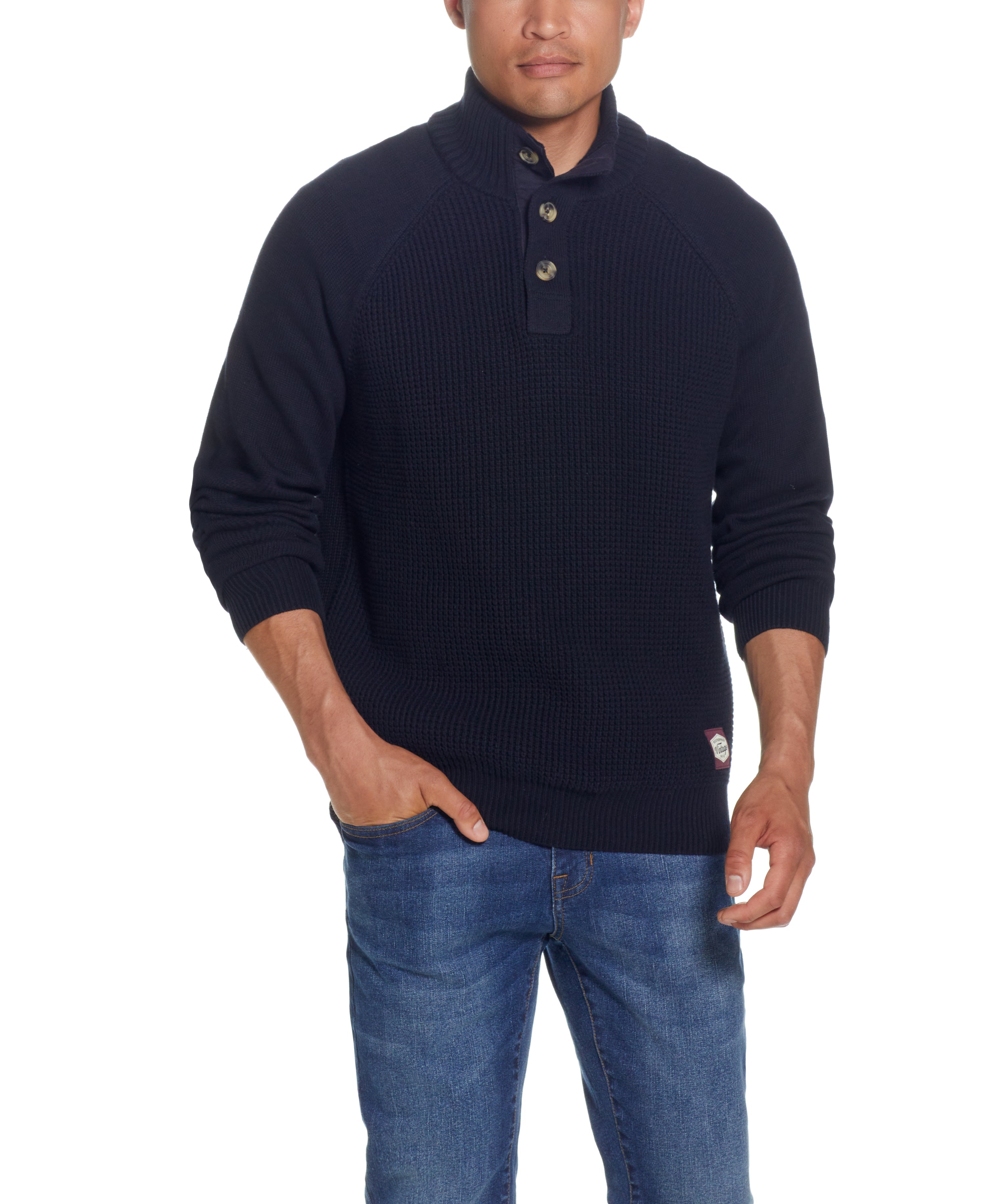 RAGLAN SLEEVES SHAKER STITCH BUTTONUP MOCK in NAVY