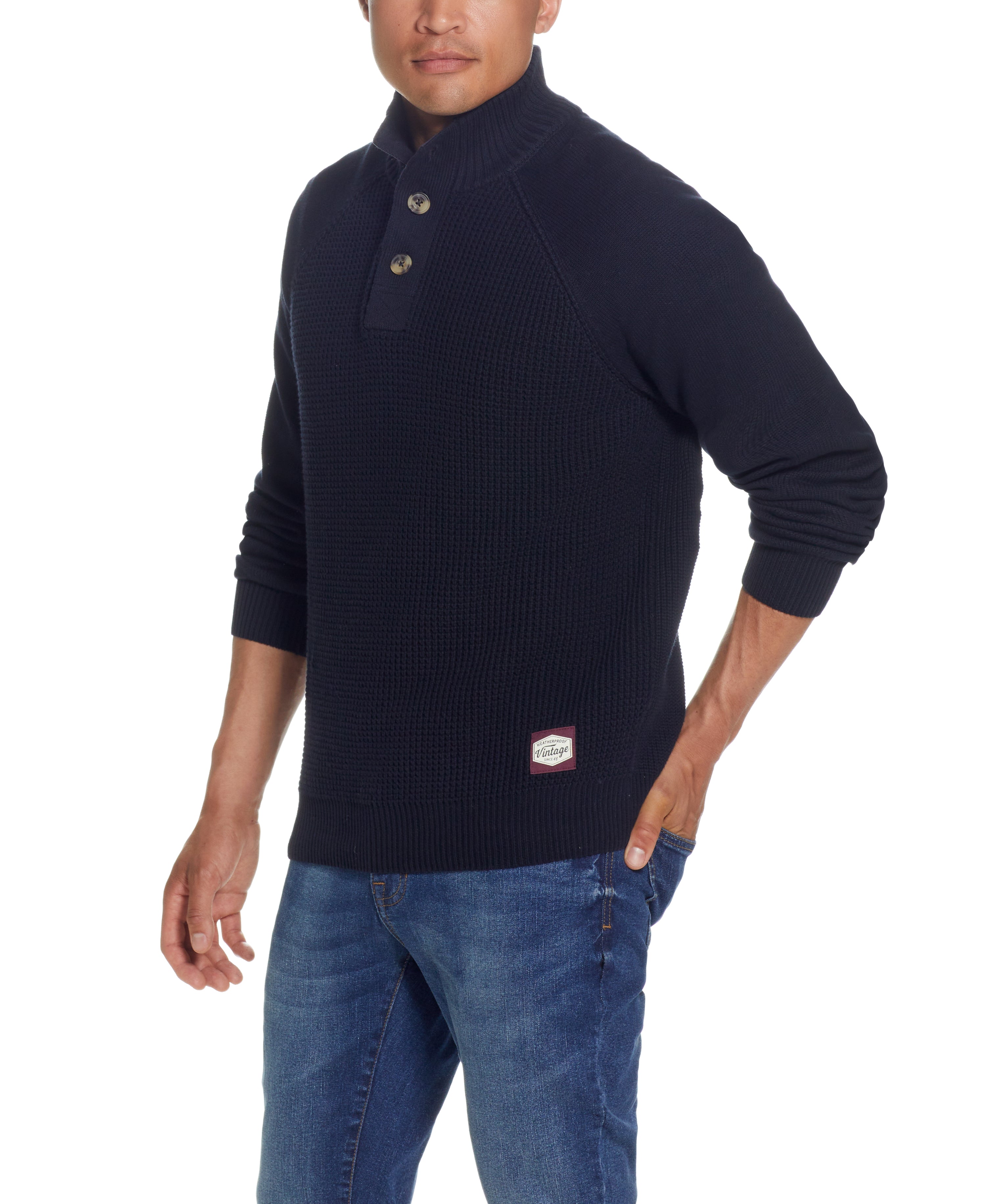 RAGLAN SLEEVES SHAKER STITCH BUTTONUP MOCK in NAVY