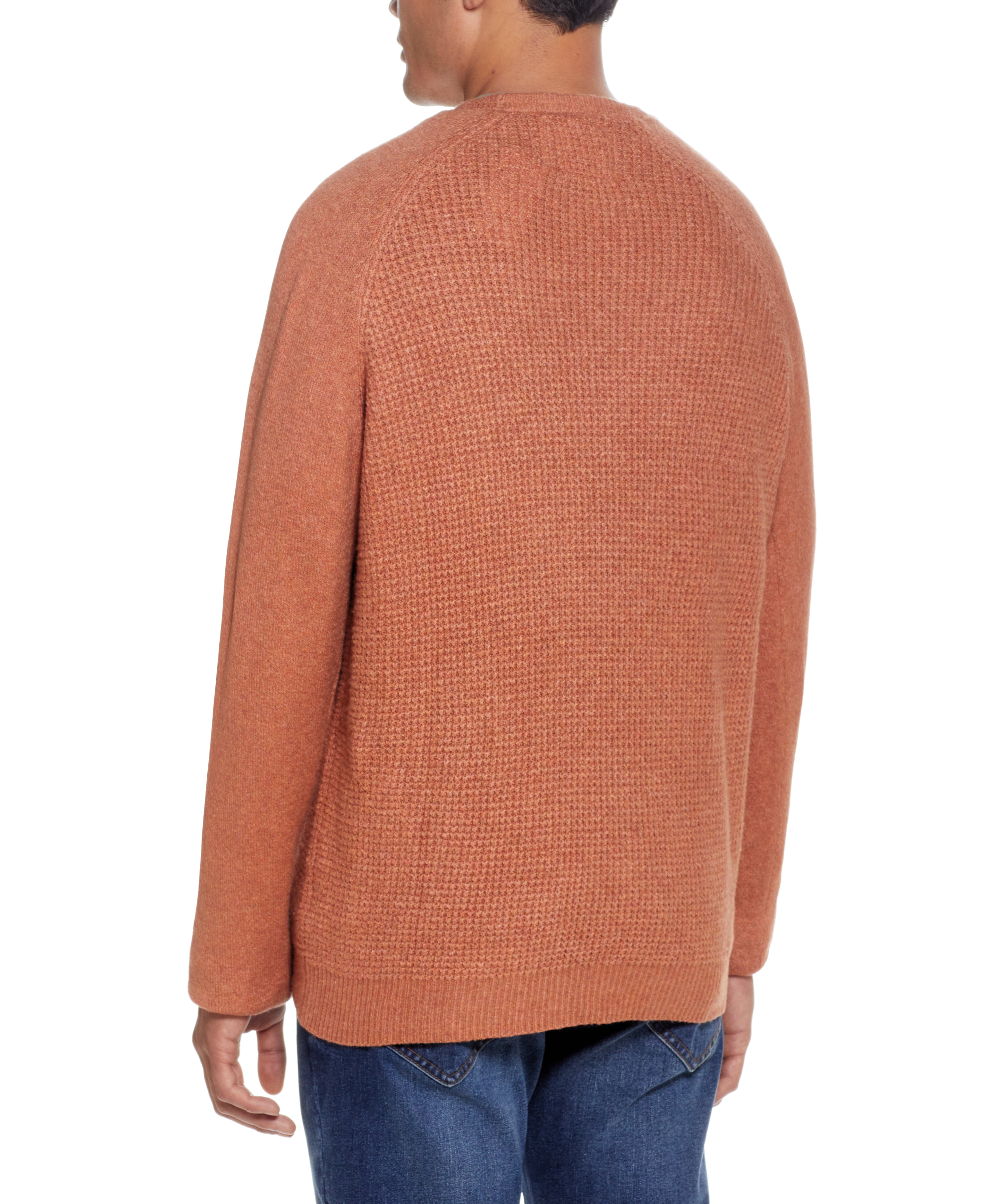 Waffle Crewneck Sweater In Allspice showcased from the back, highlighting its waffled texture and cozy warmth.