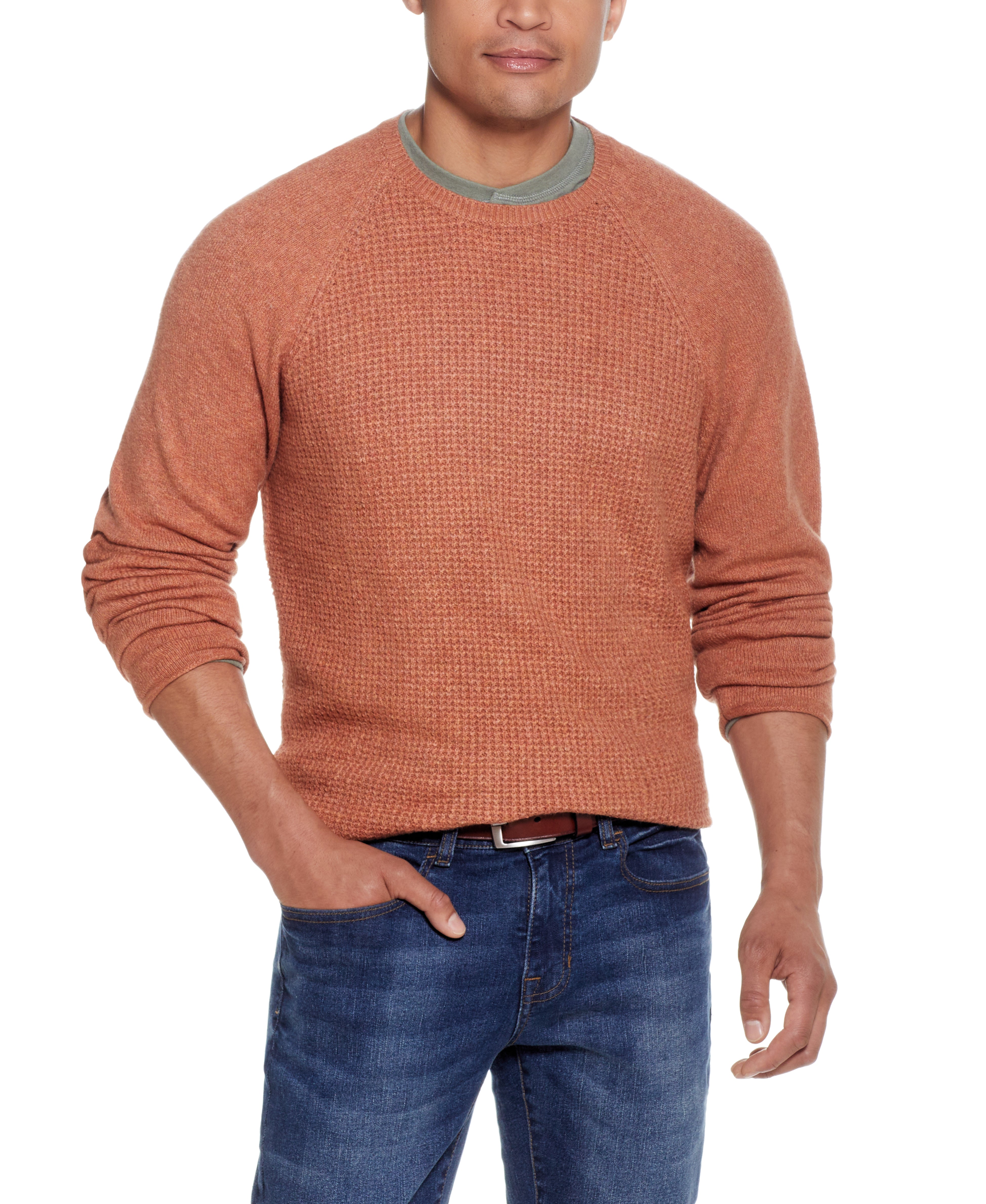 Waffle Crewneck Sweater In Allspice worn by a man, showcasing its warm and cozy waffled texture.