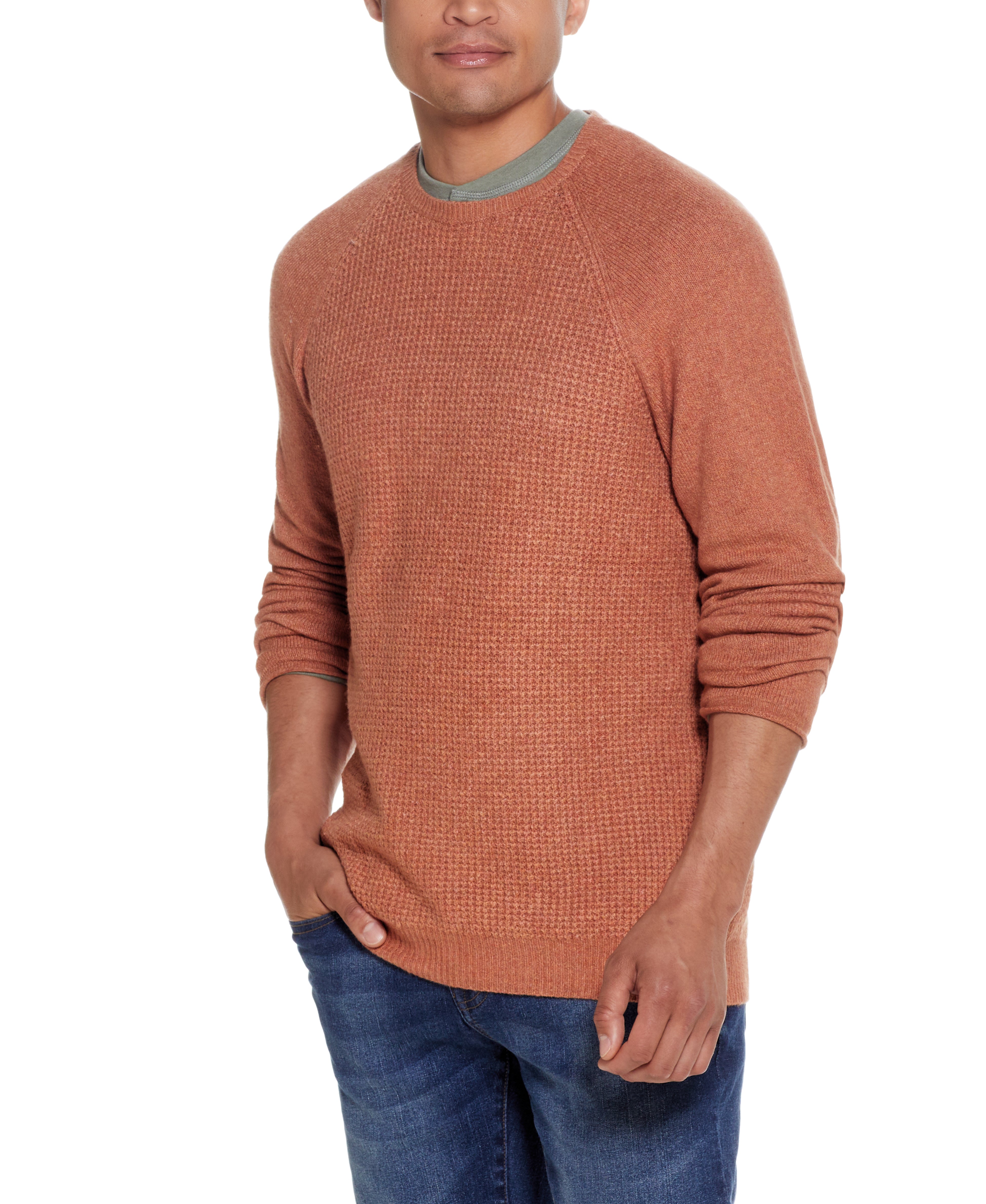 Waffle Crewneck Sweater In Allspice worn by a model, showcasing a warm, lightweight design with waffled texture.