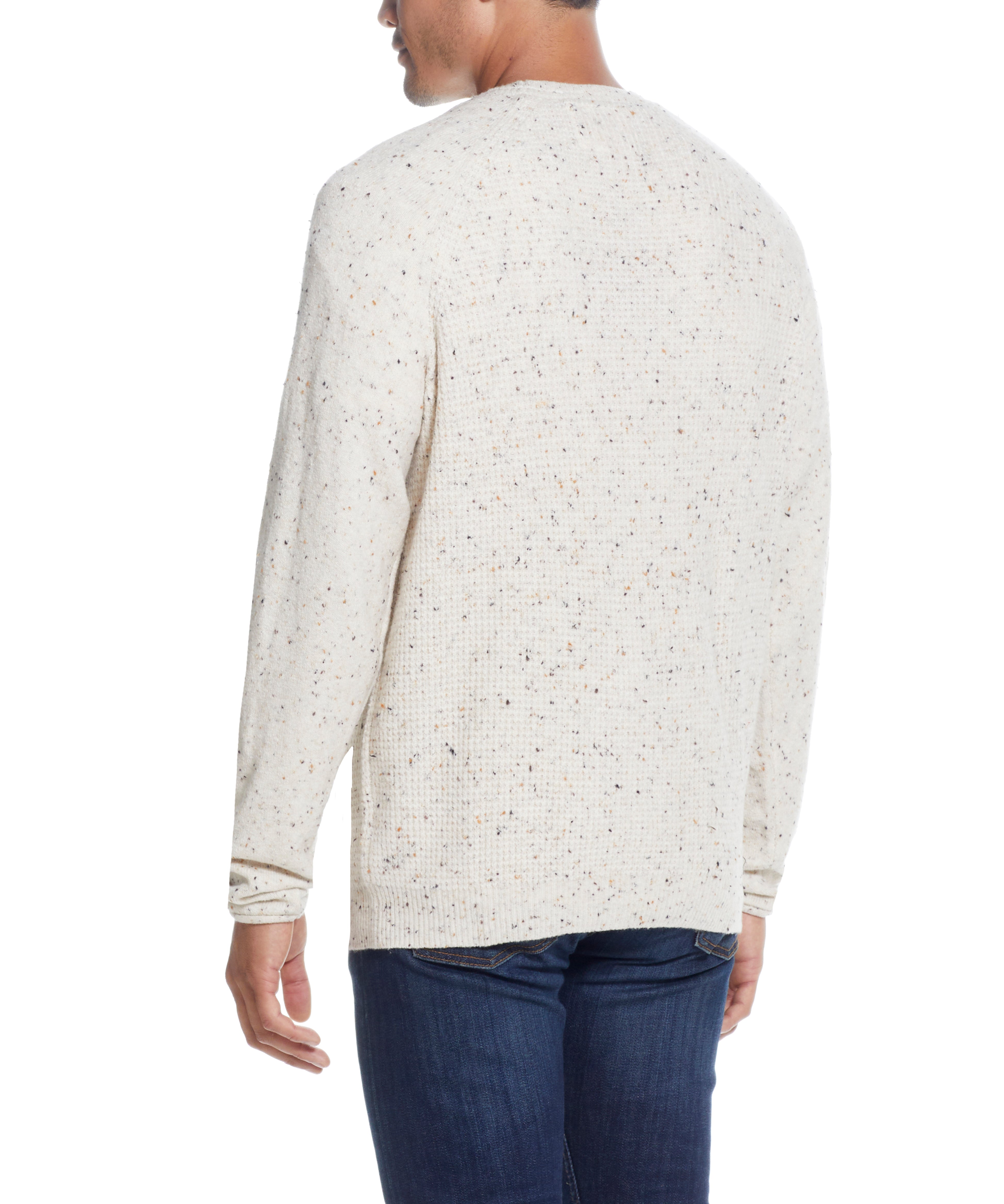 Waffle Crewneck Sweater in Oatmeal displayed from the back, showcasing its soft, waffled texture and roomy fit.
