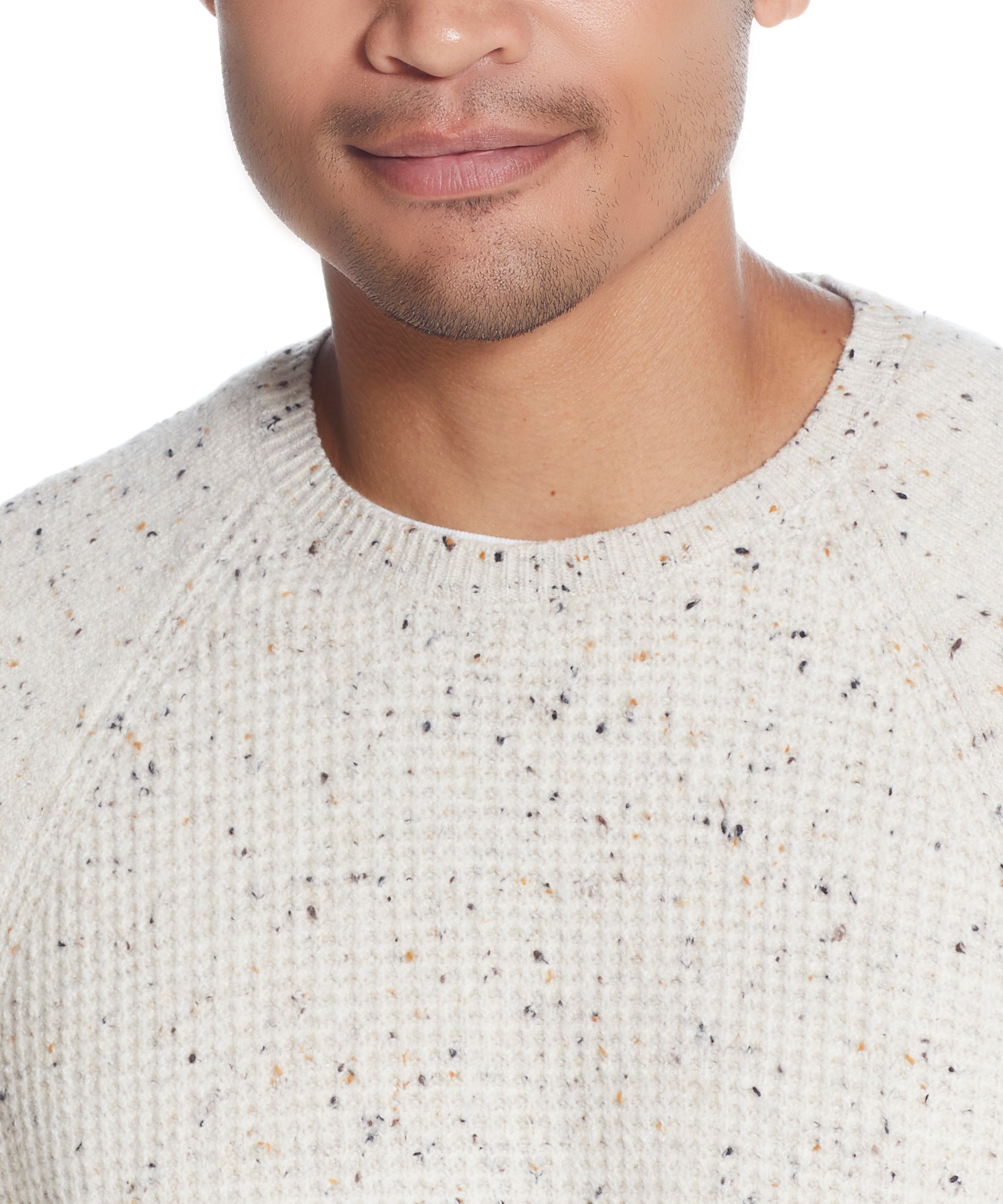 Waffle Crewneck Sweater in Oatmeal close-up, showcasing the soft texture and crew neck design.