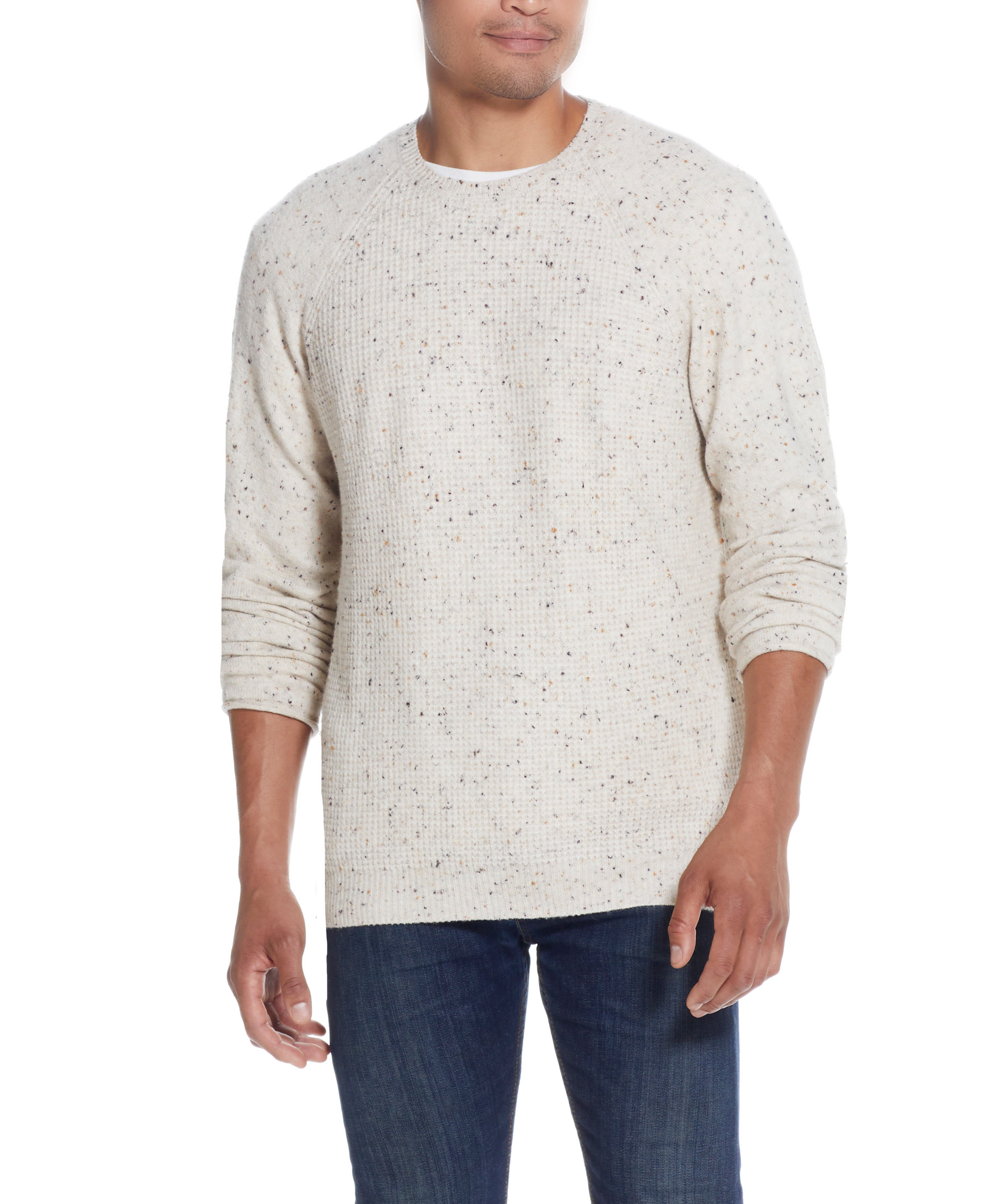 Waffle Crewneck Sweater in Oatmeal displayed on a model, showcasing its lightweight and cozy design.