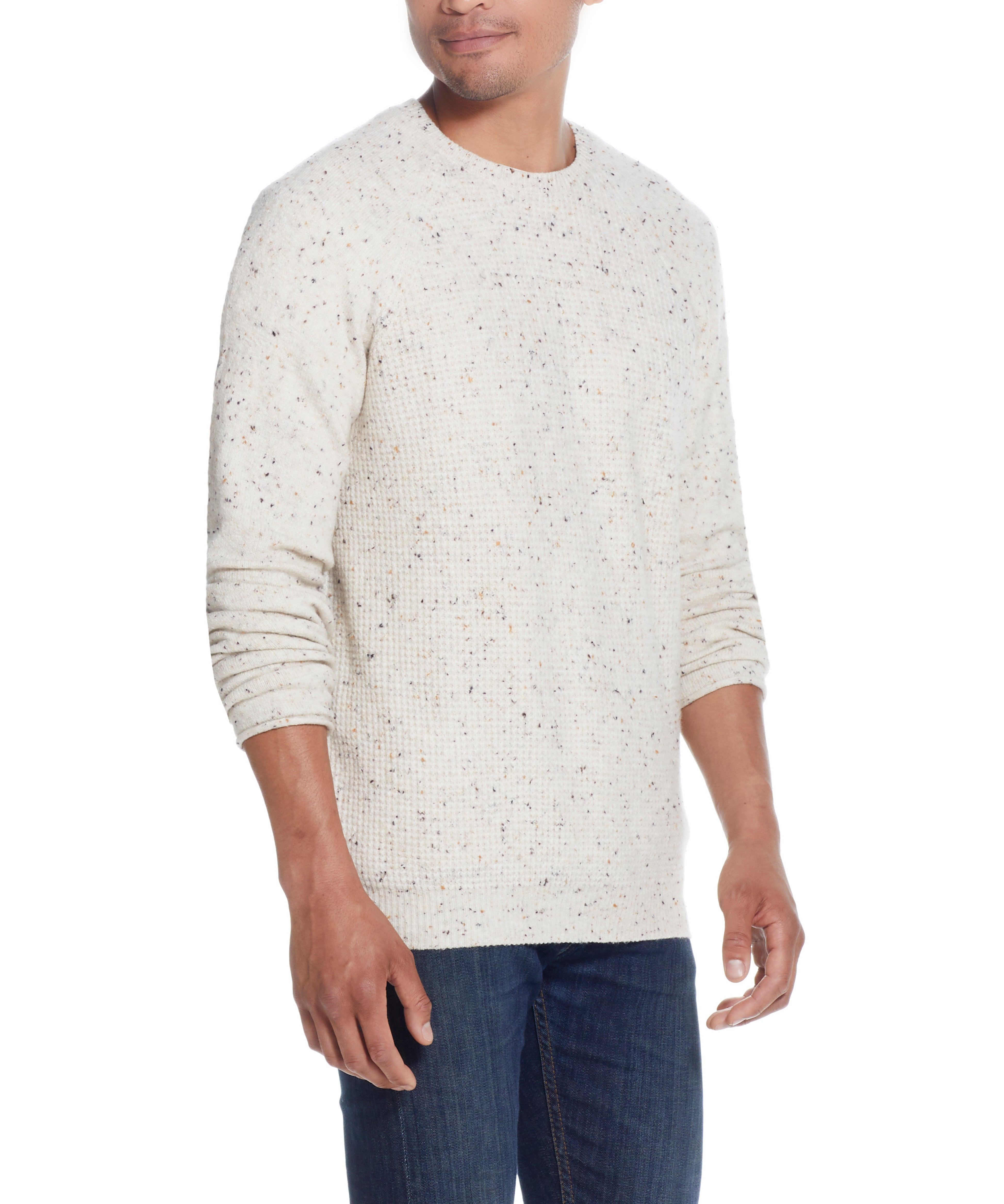 Waffle Crewneck Sweater in Oatmeal worn by a model, showcasing its soft waffled texture and lightweight design.