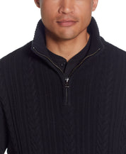 Close-up of a male model wearing a Cable Knit Quarter Zip Sweater In Black with a mock neck and quarter zip detail.