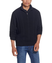 Cable Knit Quarter Zip Sweater In Black worn by a model, showcasing its cozy and stylish design.