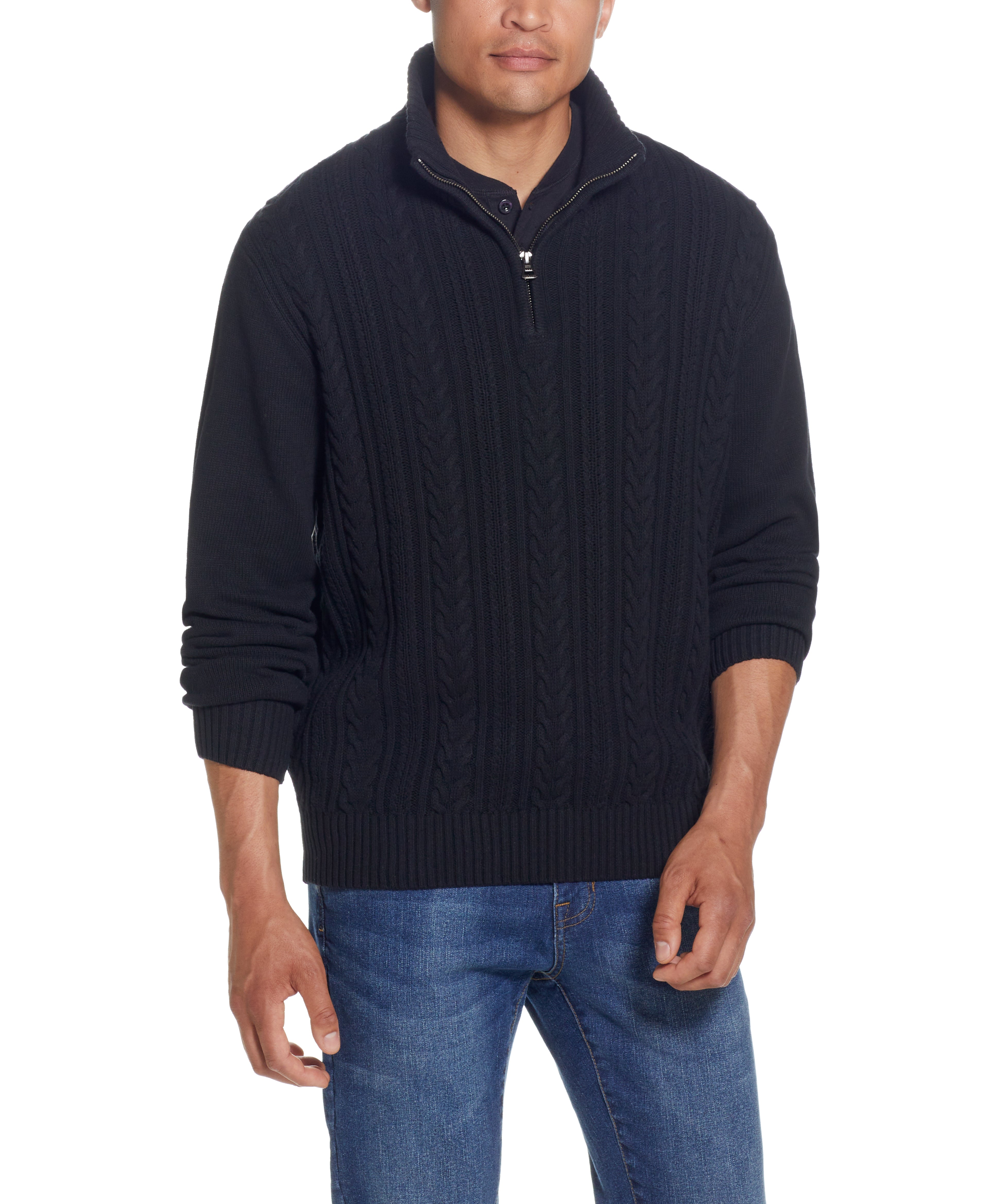 Cable Knit Quarter Zip Sweater In Black worn by a model, showcasing its cozy and stylish design.