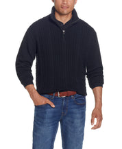 Cable Knit Quarter Zip Sweater In Black worn by a model, showcasing its cozy design and versatile style.