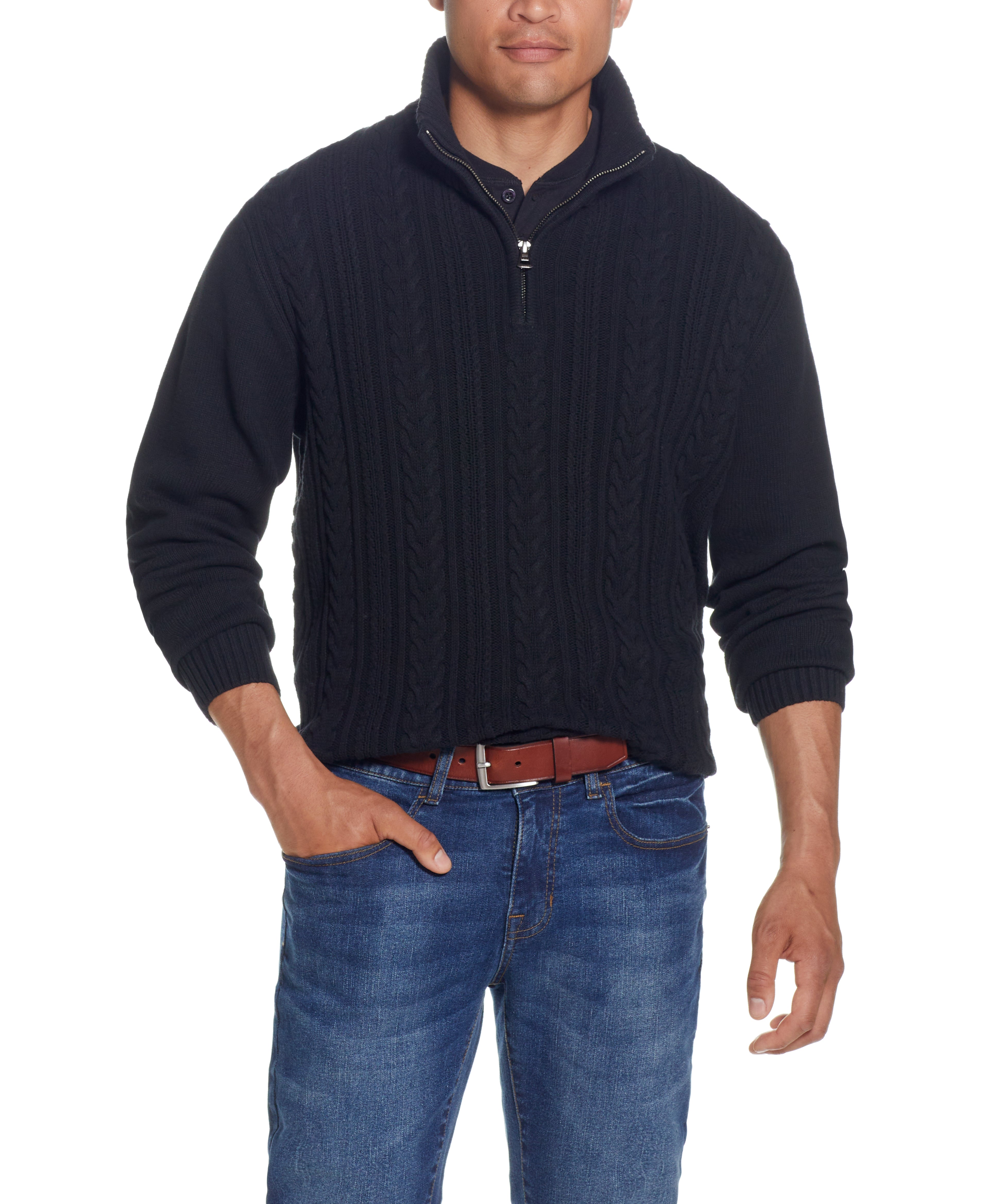 Cable Knit Quarter Zip Sweater In Black worn by a model, showcasing its cozy design and versatile style.