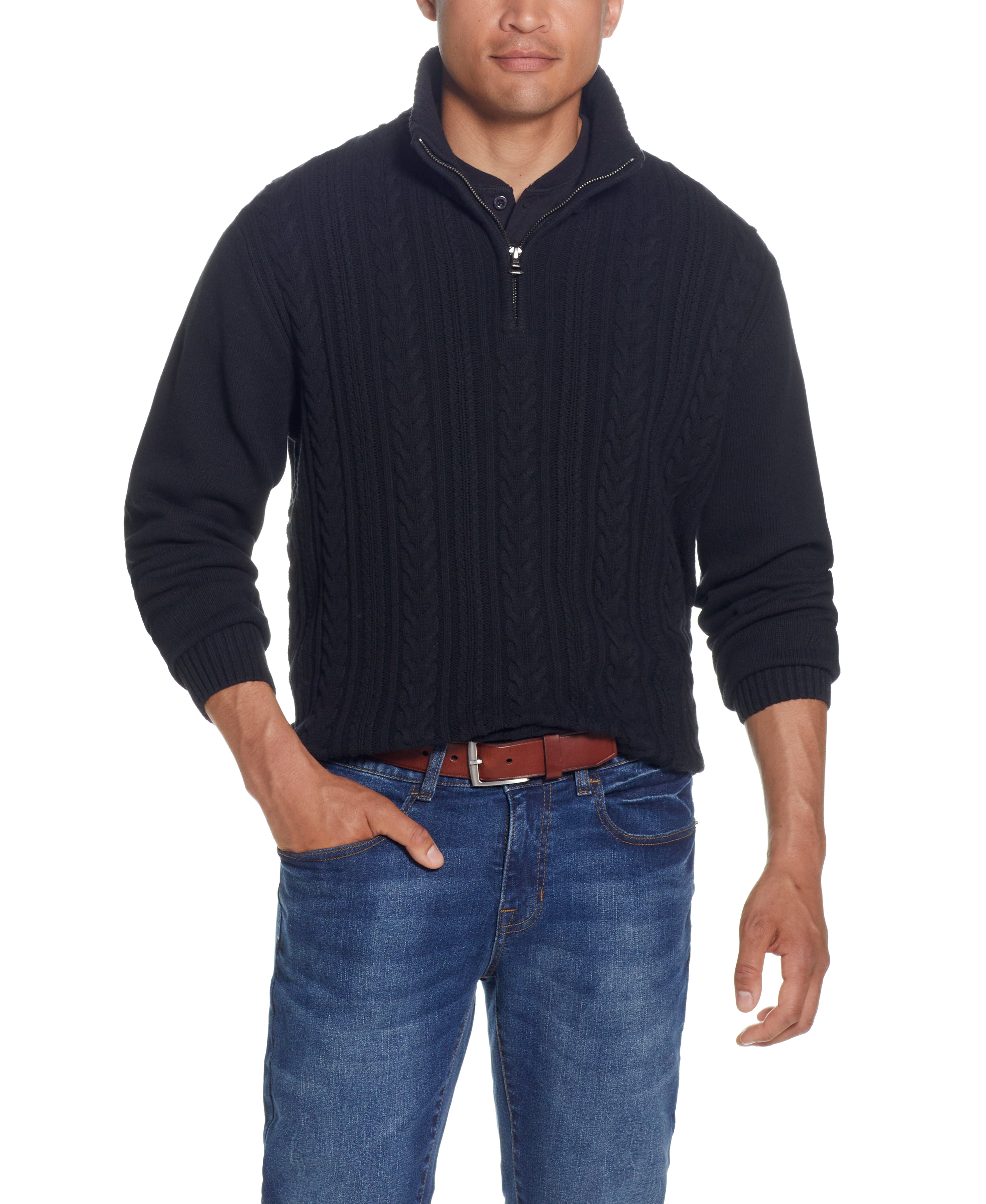 Cable Knit Quarter Zip Sweater In Black worn by a model, showcasing its cozy design and versatile style.