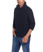 Men's model wearing a Cable Knit Quarter Zip Sweater In Black with jeans, showcasing a stylish casual look.