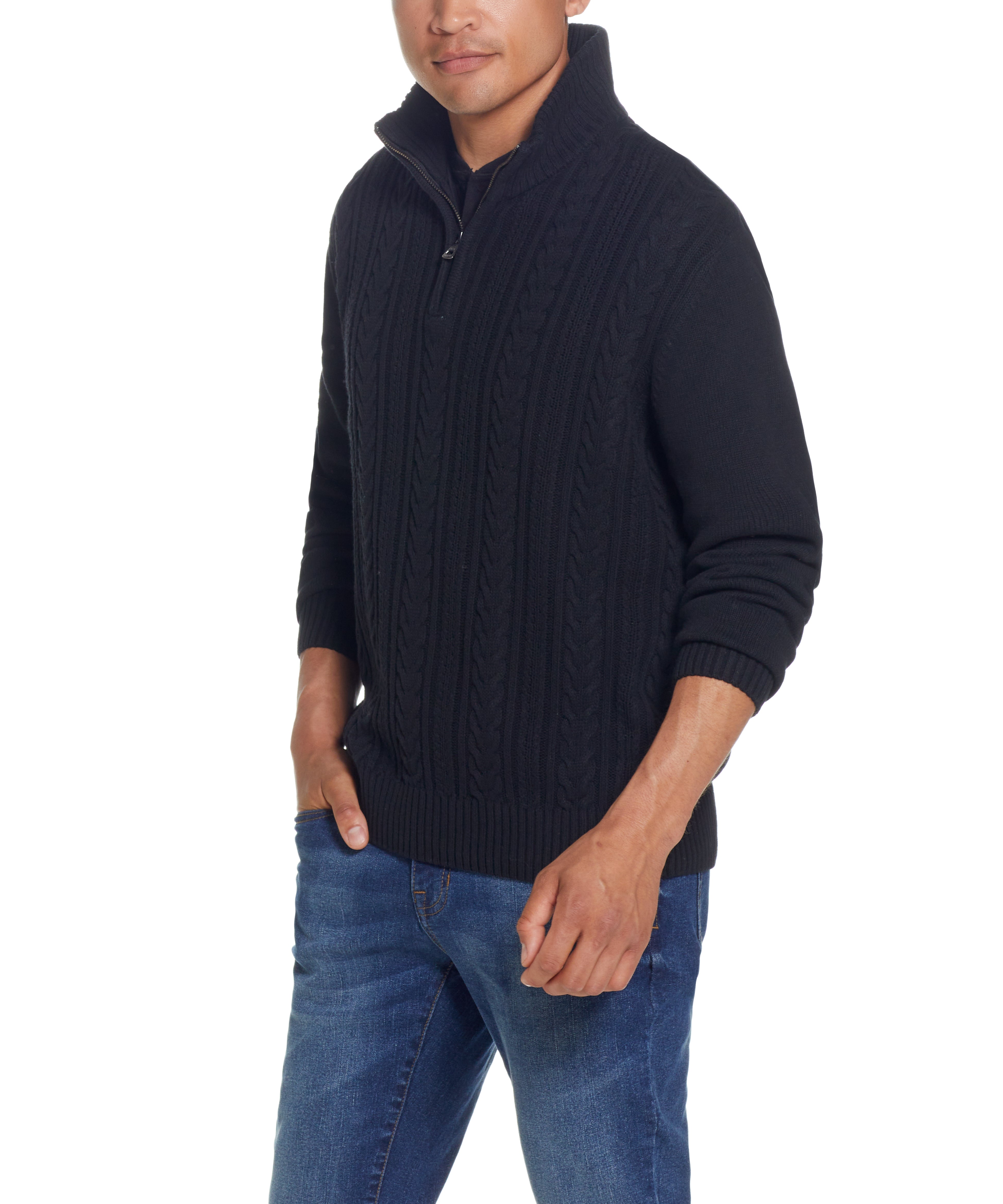 Men's model wearing a Cable Knit Quarter Zip Sweater In Black with jeans, showcasing a stylish casual look.