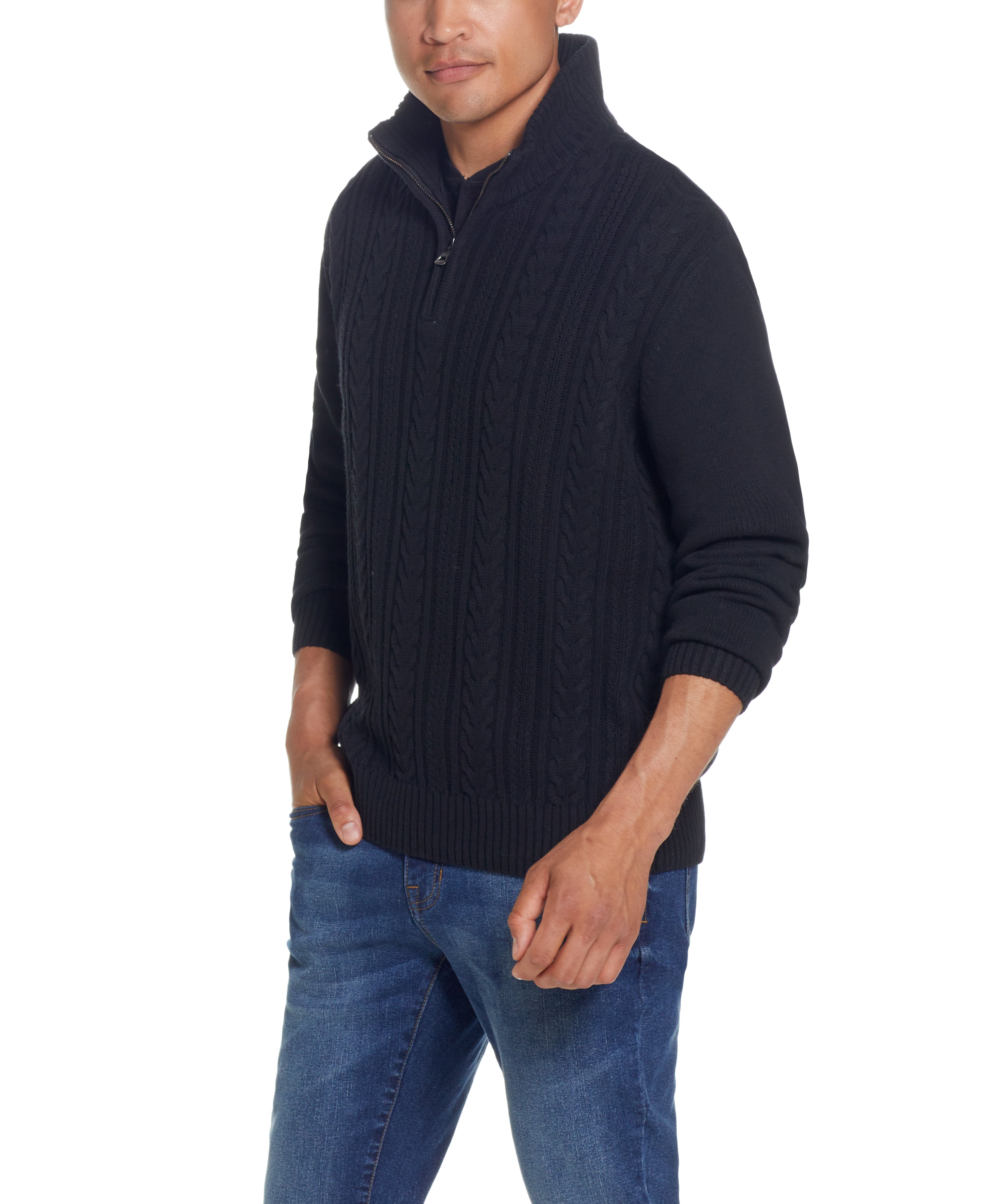 Men's model wearing a Cable Knit Quarter Zip Sweater In Black with jeans, showcasing a stylish casual look.