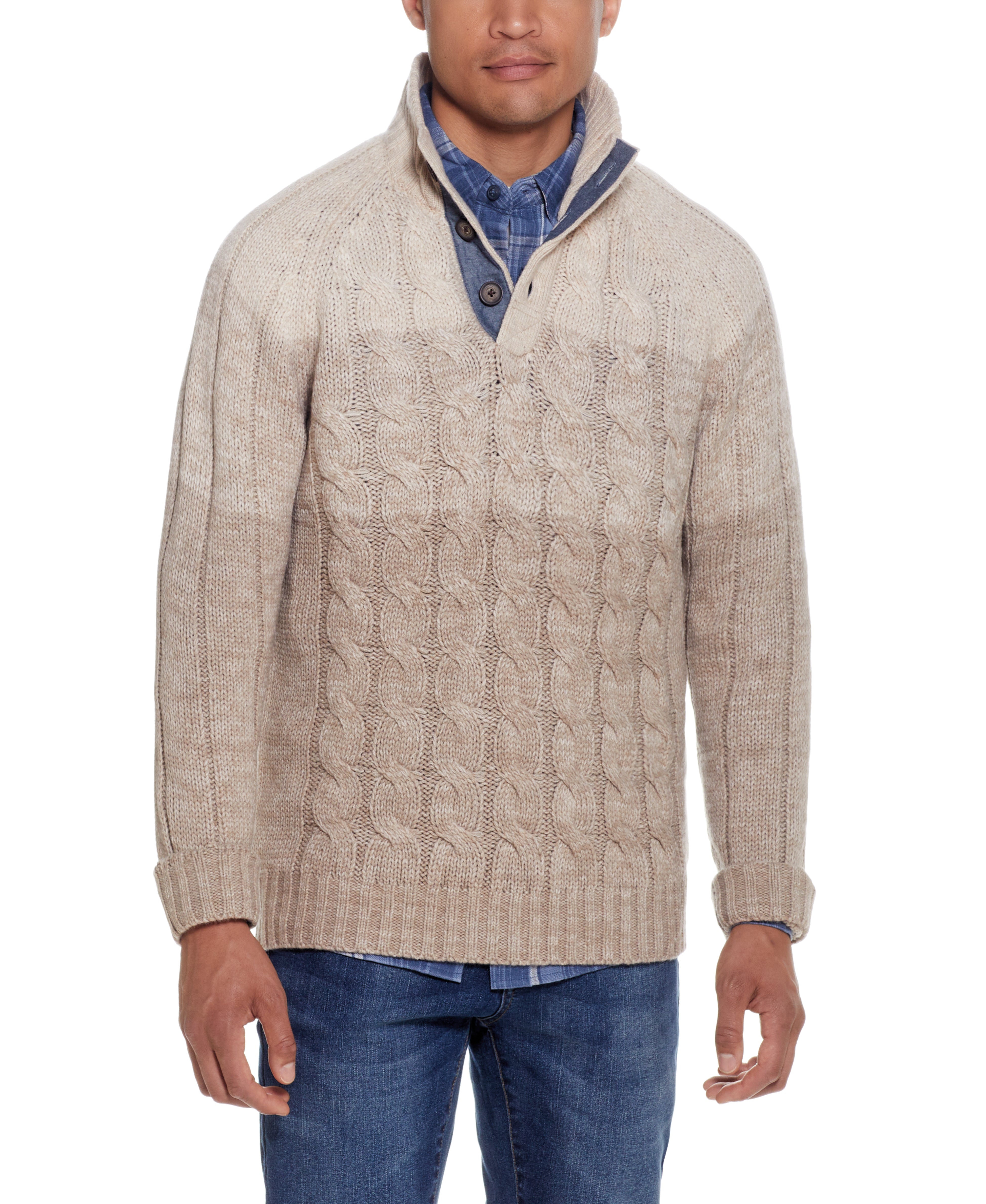 OMBRE FRONT CABLE BUTTONUP MOCK in BEIGE MARL