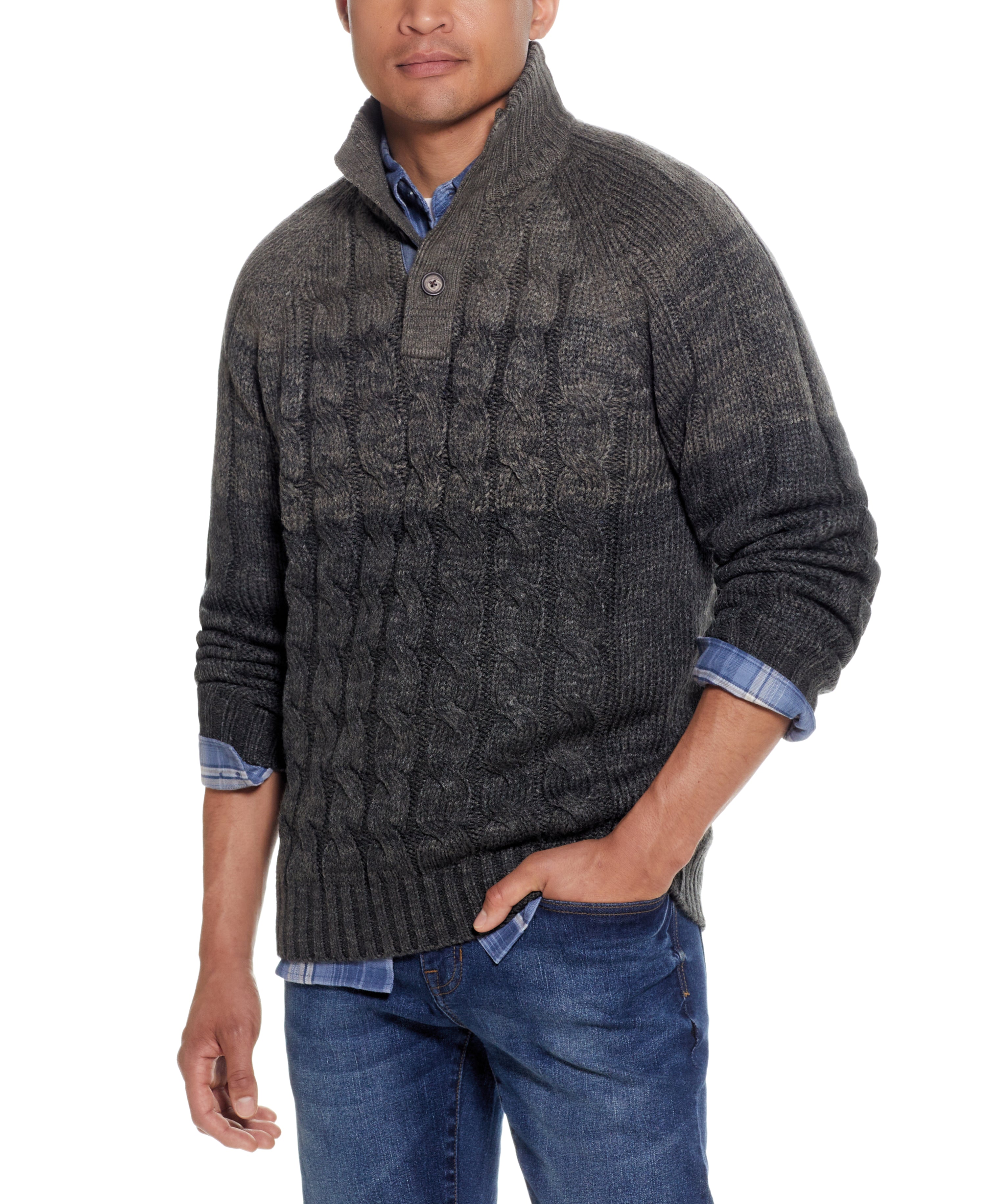 OMBRE FRONT CABLE BUTTONUP MOCK in CAMOUFLAGE MARL