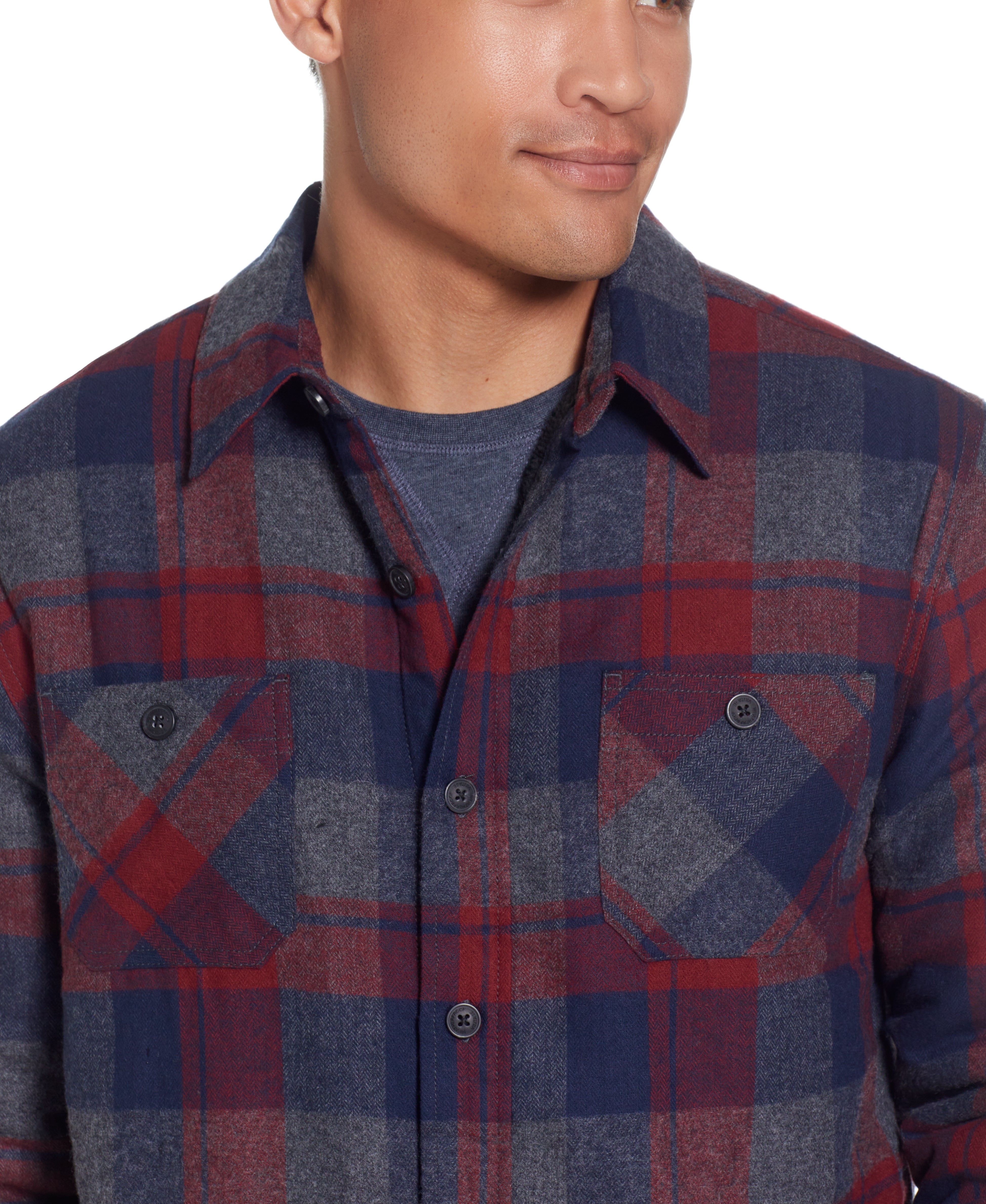Sherpa Lined Flannel Shirt Jacket In Red Dahlia