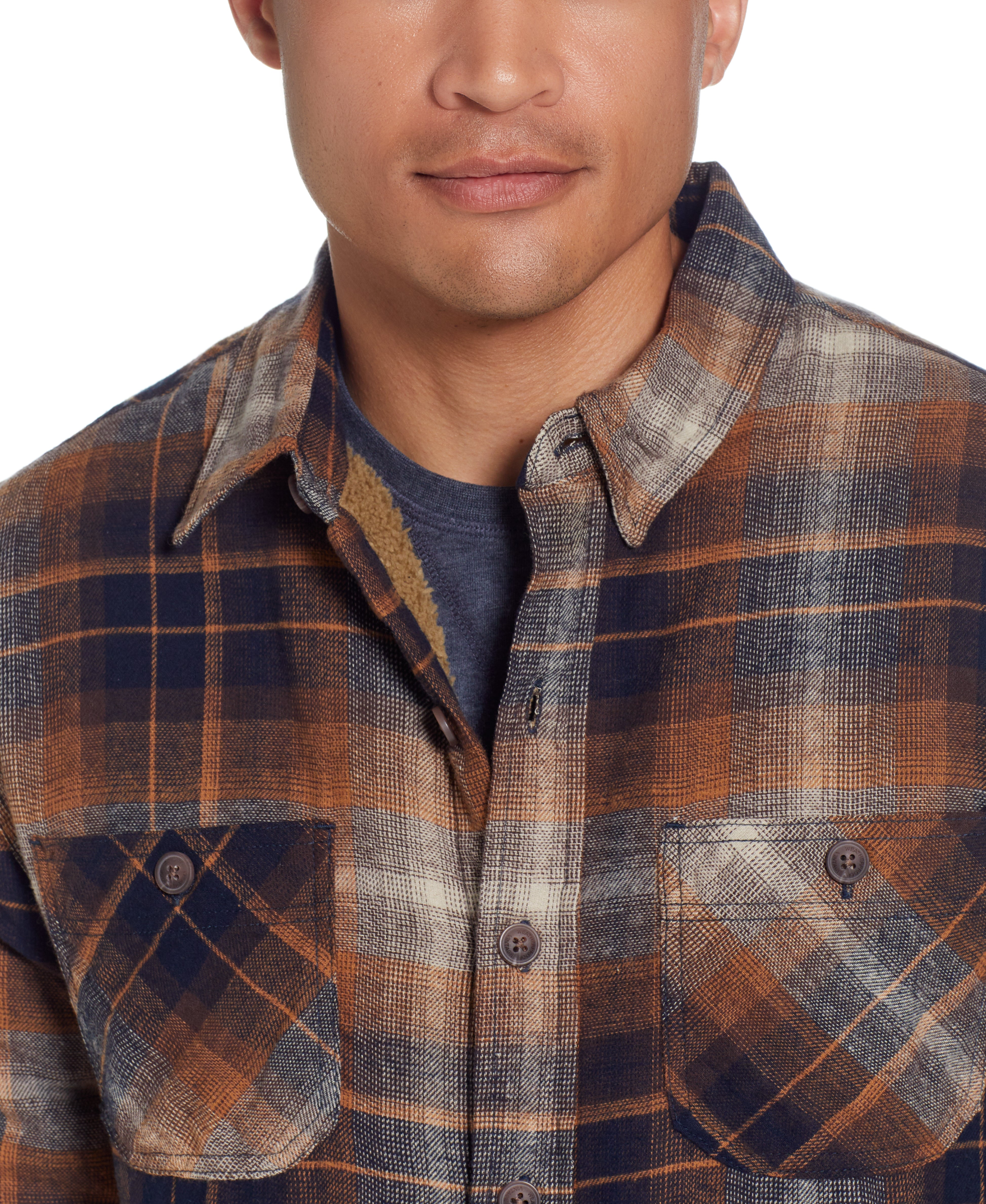 Sherpa Lined Flannel Shirt Jacket In Chili Oil