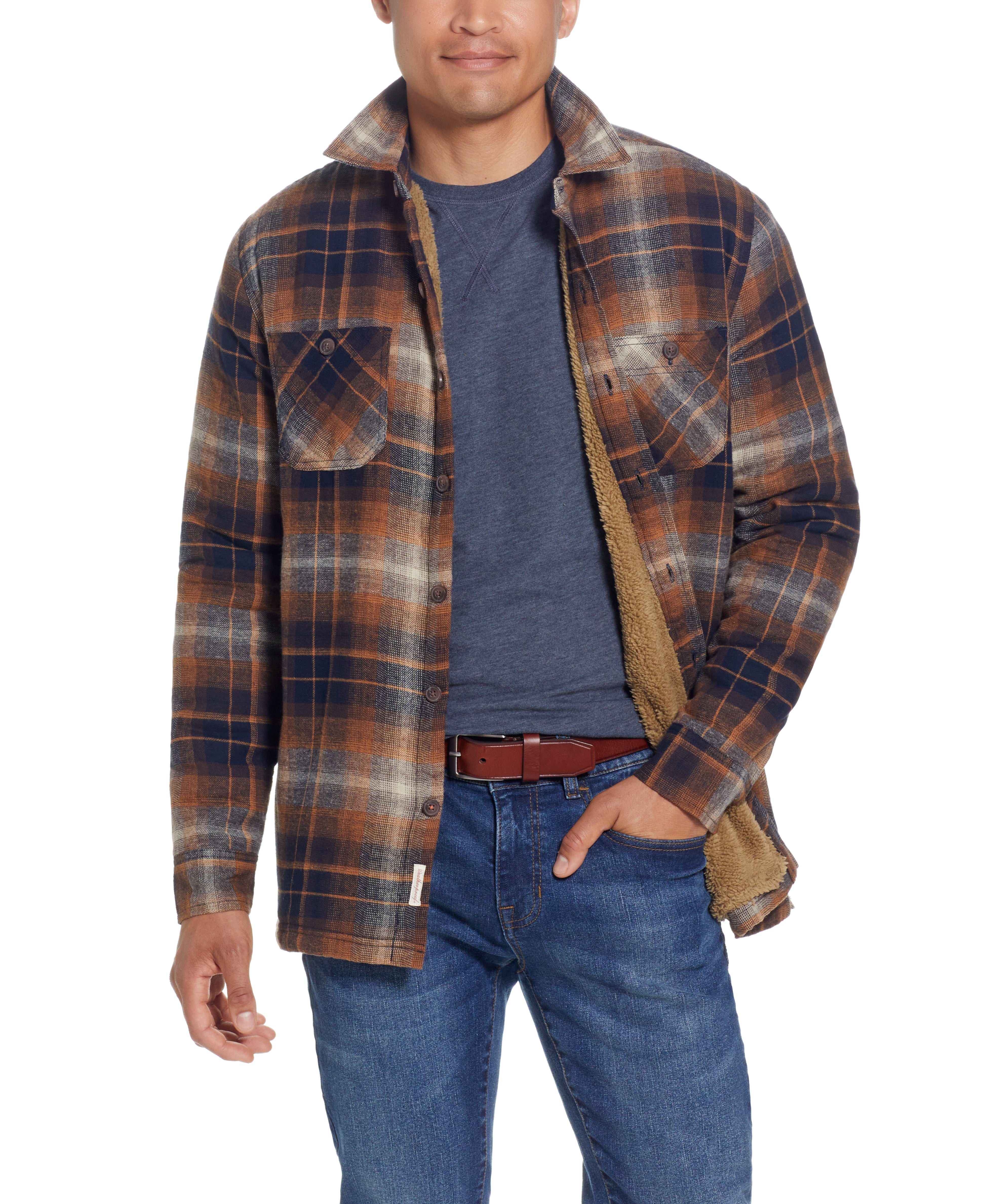 Sherpa Lined Flannel Shirt Jacket In Chili Oil