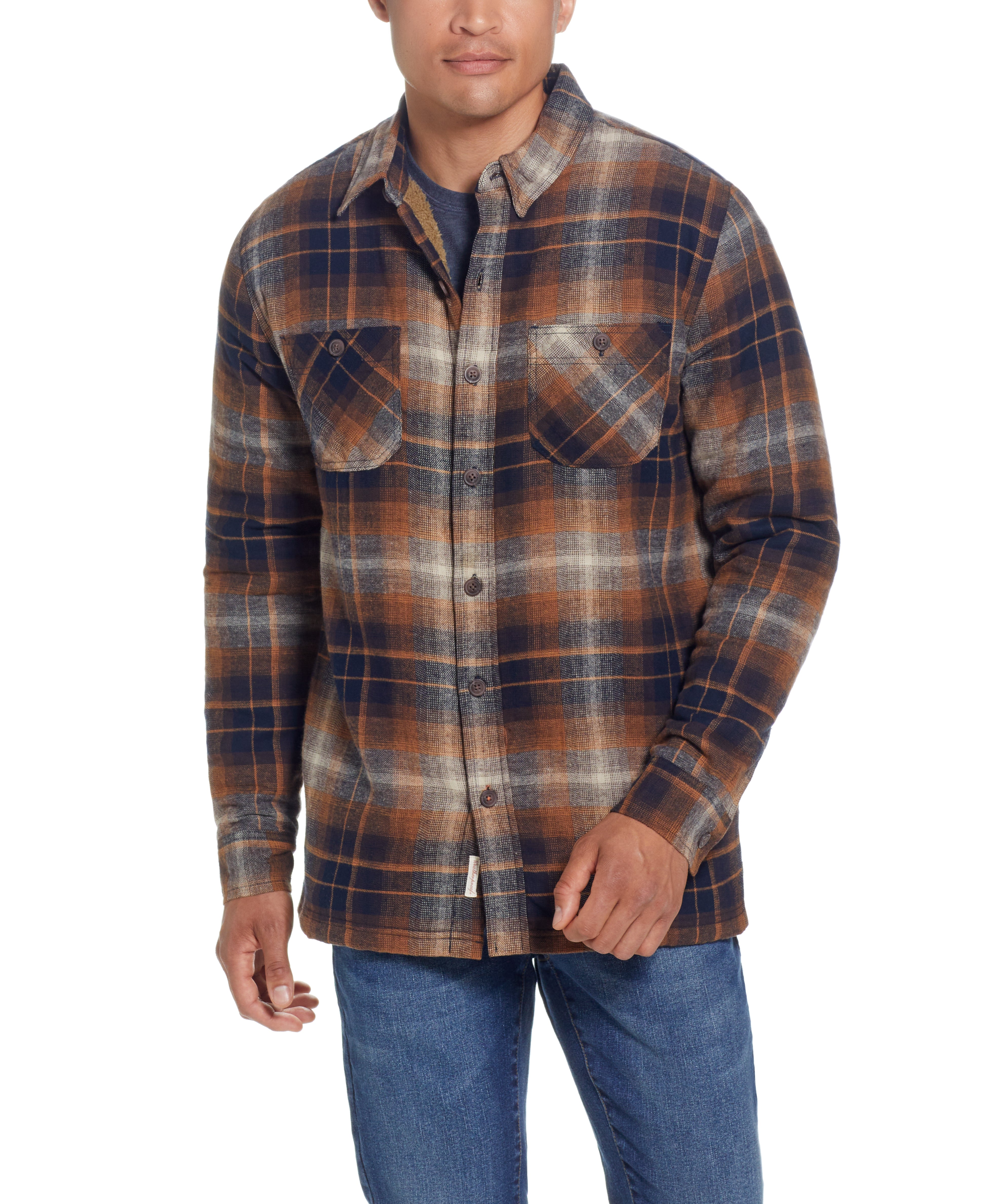 Sherpa Lined Flannel Shirt Jacket In Chili Oil