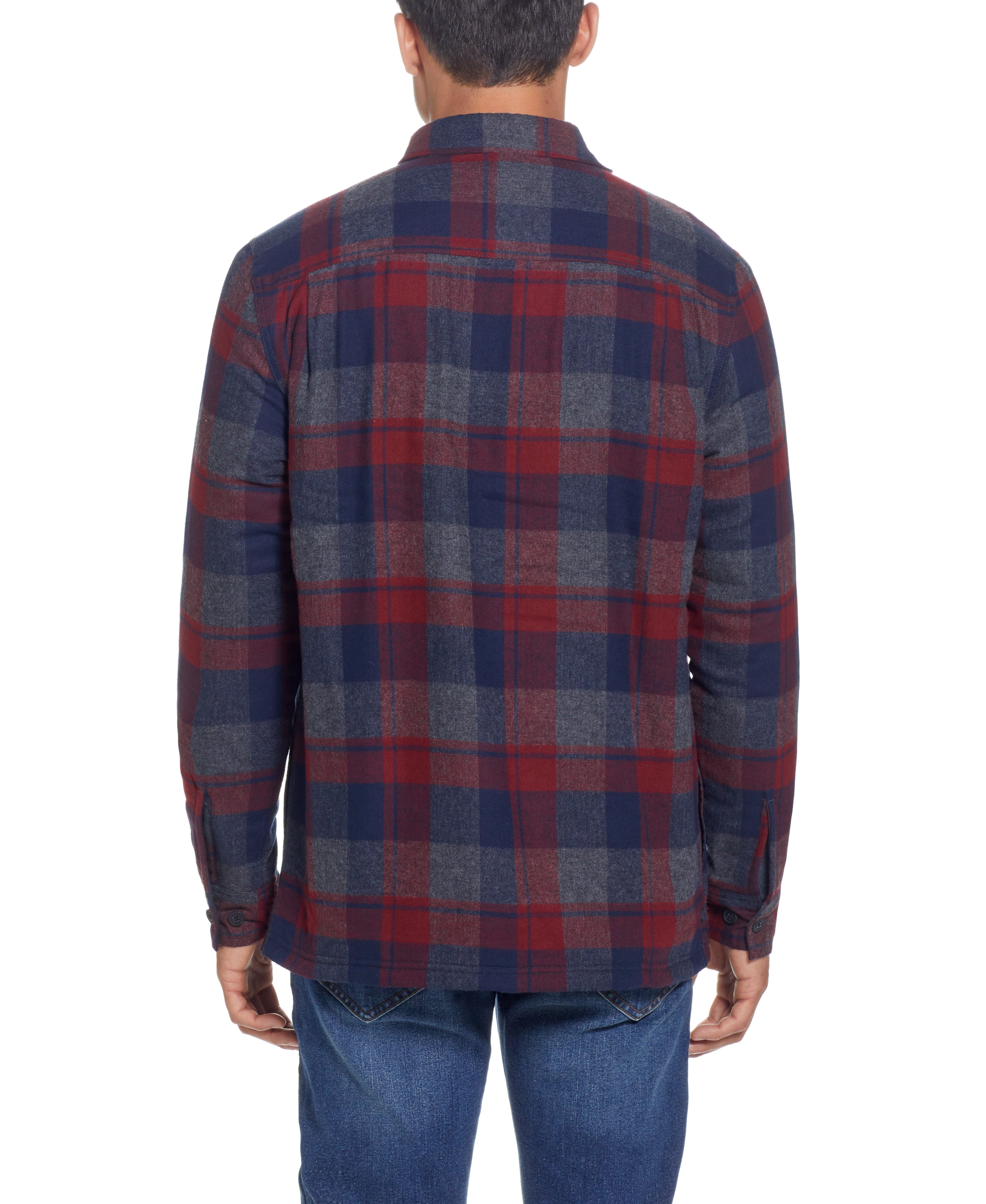 Sherpa Lined Flannel Shirt Jacket In Red Dahlia