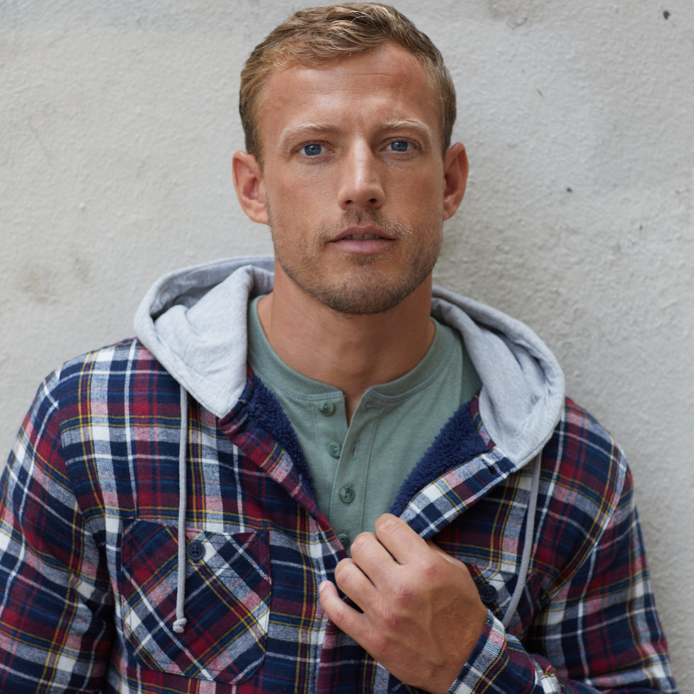 dress shirt with hoodie Sherpa Lined Hooded Flannel Shirt Jacket In Berry, Large / Berry and Blue