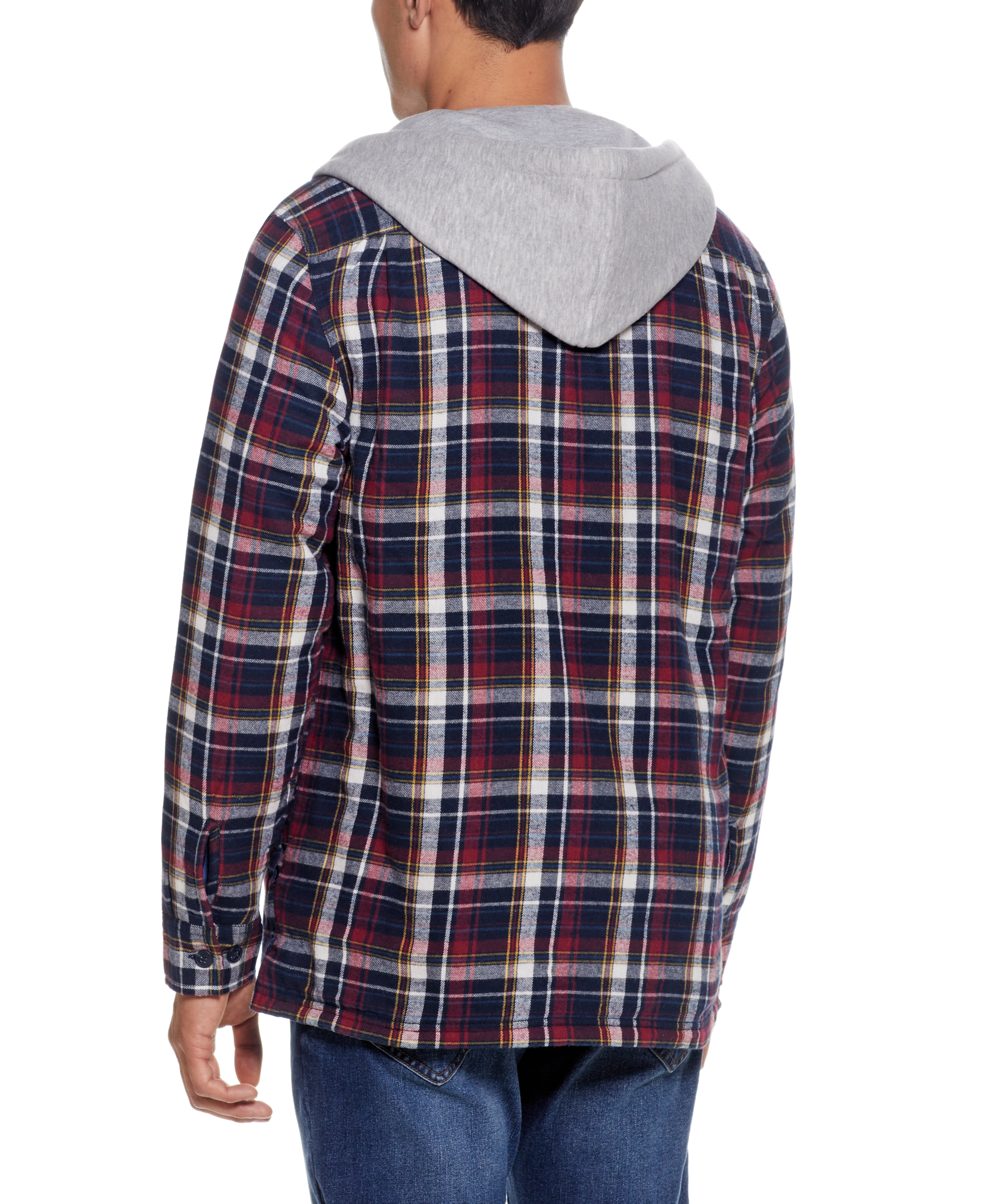 Sherpa Lined Hooded Flannel Shirt Jacket In Berry