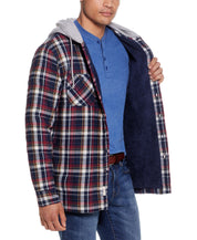 Sherpa Lined Hooded Flannel Shirt Jacket In Berry