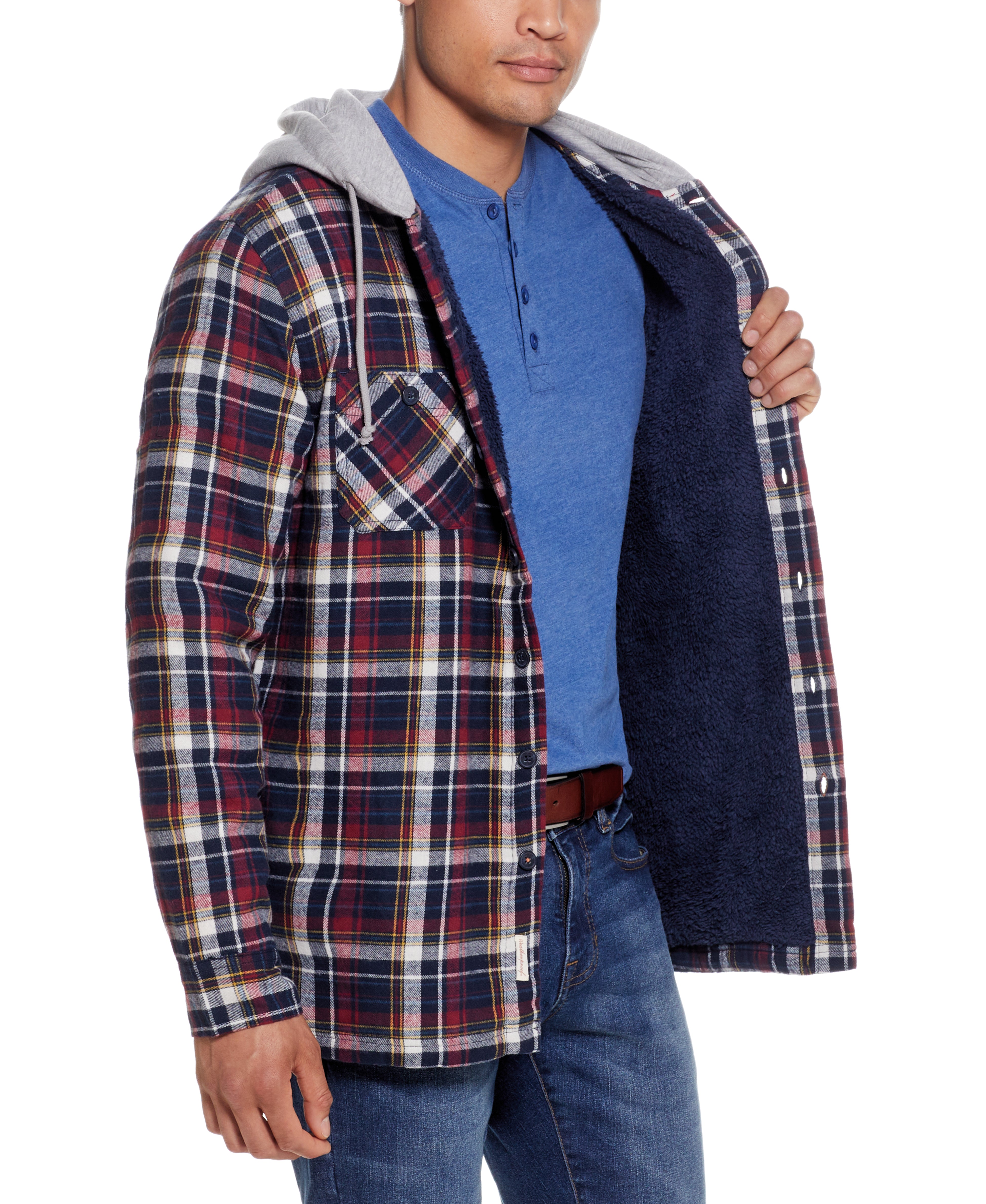 SHERPA LINED HOODED FLANNEL SHIRT JACKET IN BERRY
