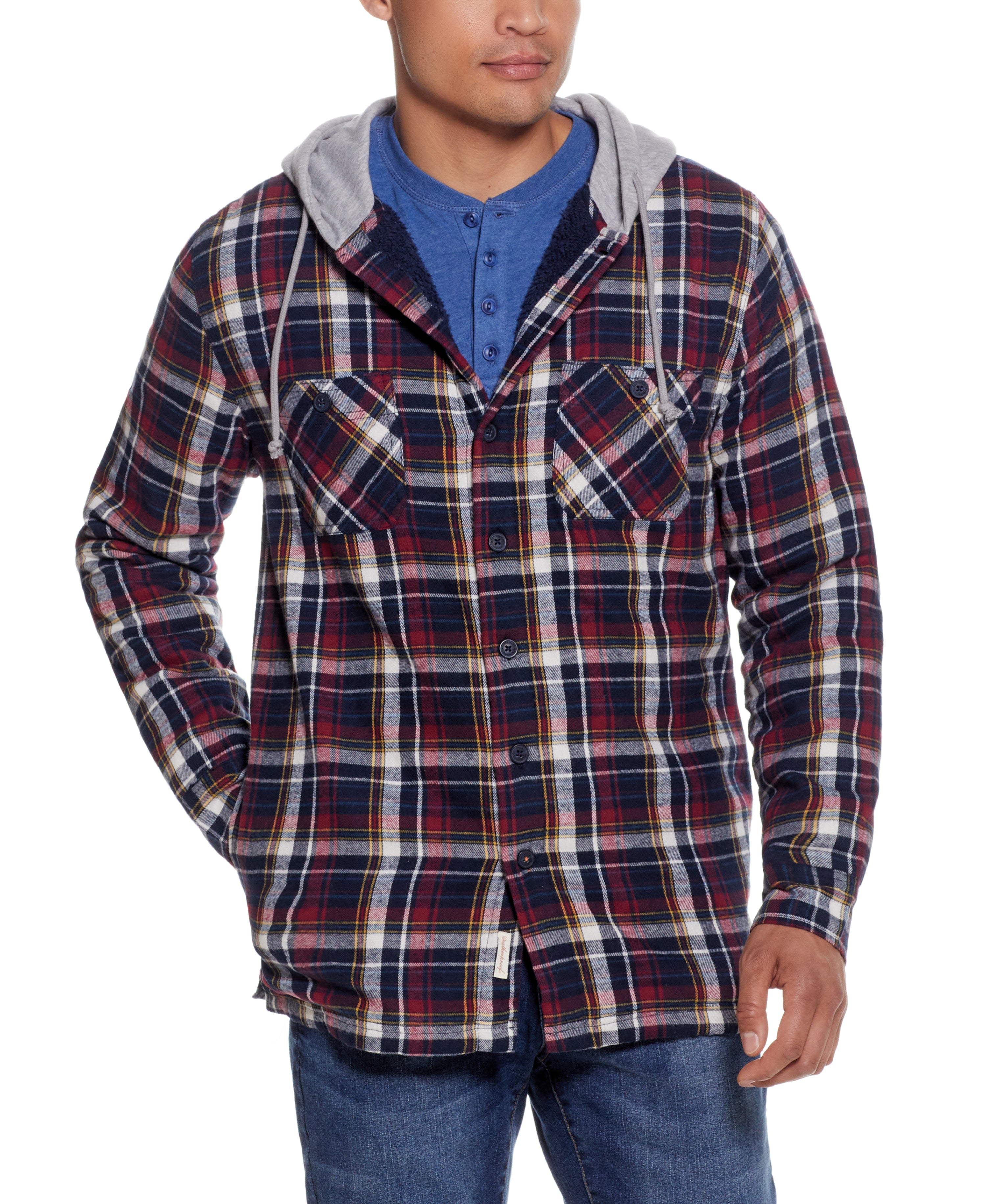 SHERPA LINED HOODED FLANNEL SHIRT JACKET IN BERRY