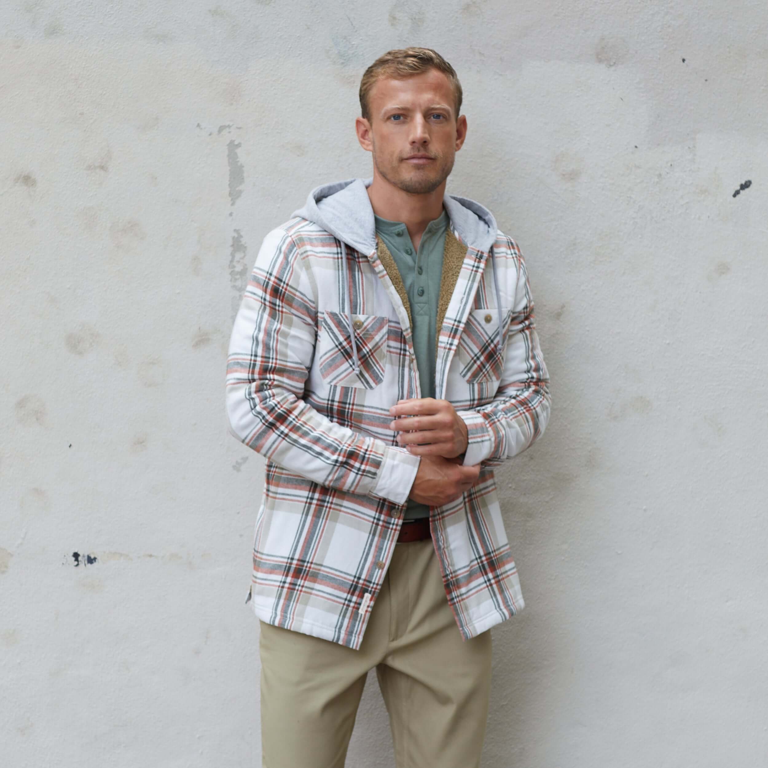 Sherpa Lined Hooded Flannel Shirt Jacket In Marshmallow