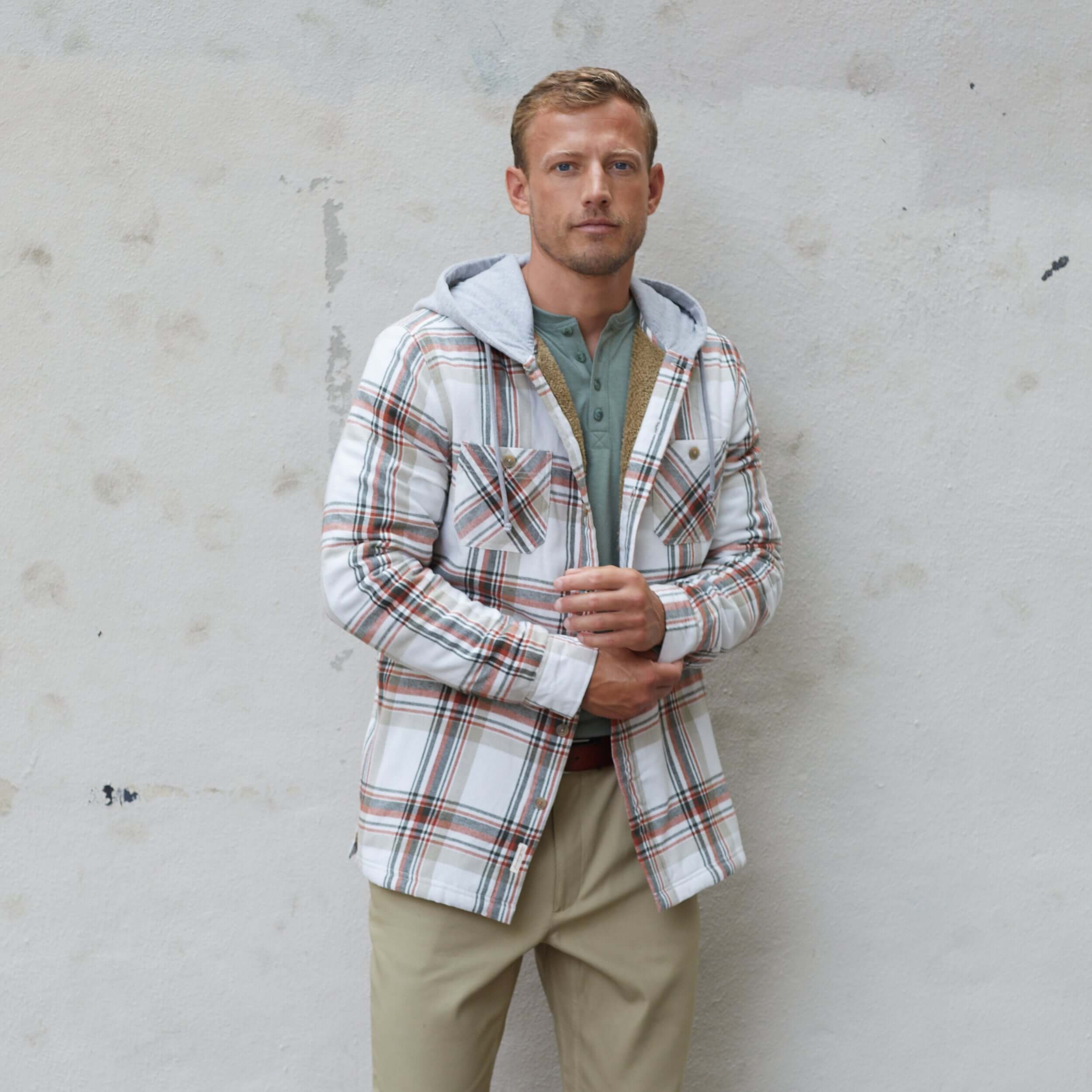 Sherpa Lined Hooded Flannel Shirt Jacket In Marshmellow