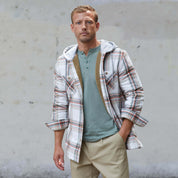 Sherpa Lined Hooded Flannel Shirt Jacket In Marshmellow