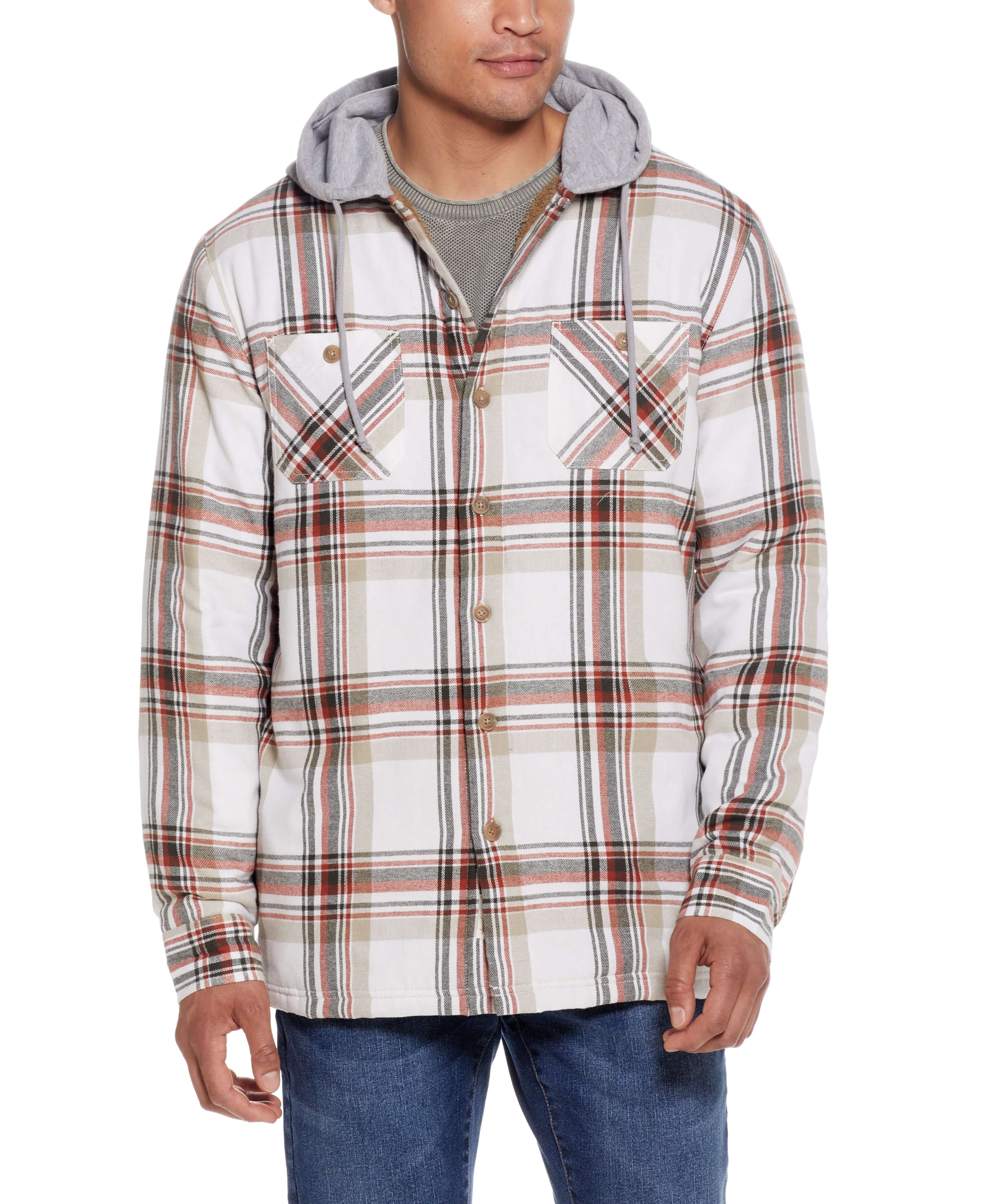 Sherpa Lined Hooded Flannel Shirt Jacket In Marshmallow