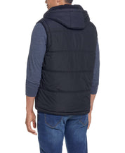Back view of Sherpa Lined Hooded Puffer Vest In Black, featuring a drawcord hood and puffer design.