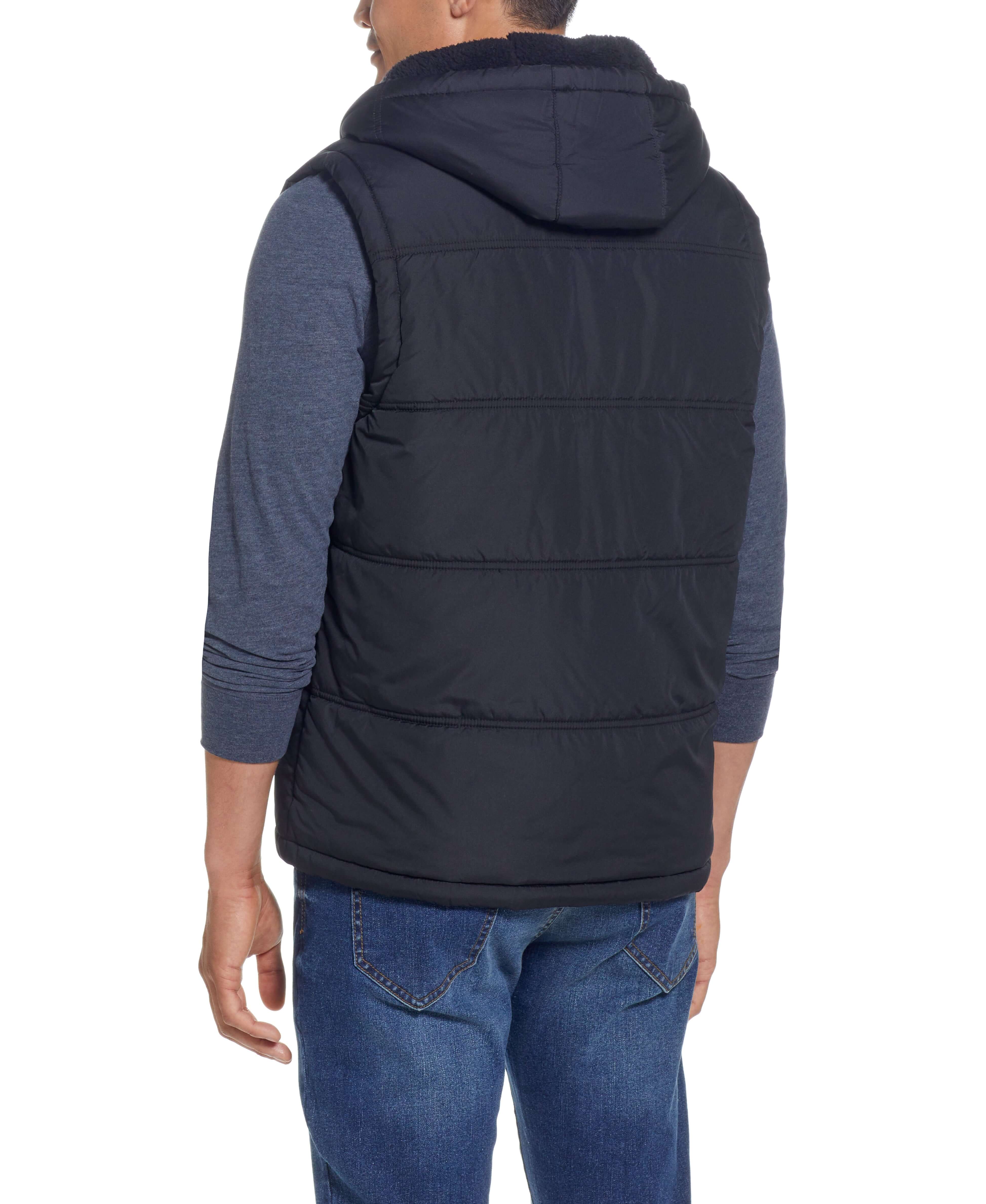 Back view of Sherpa Lined Hooded Puffer Vest In Black, featuring a drawcord hood and puffer design.