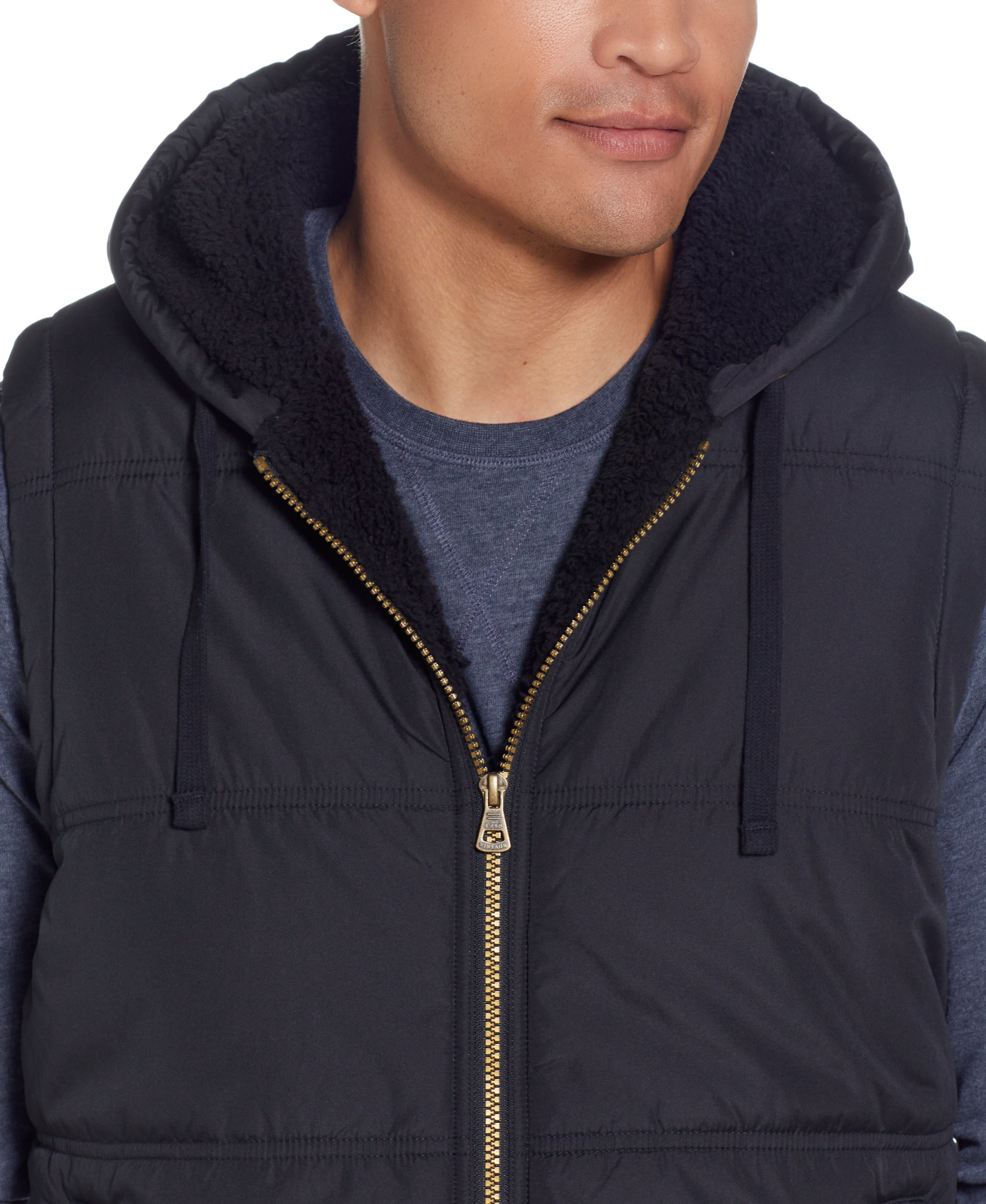SHERPA LINED HOODED PUFFER VEST in BLACK