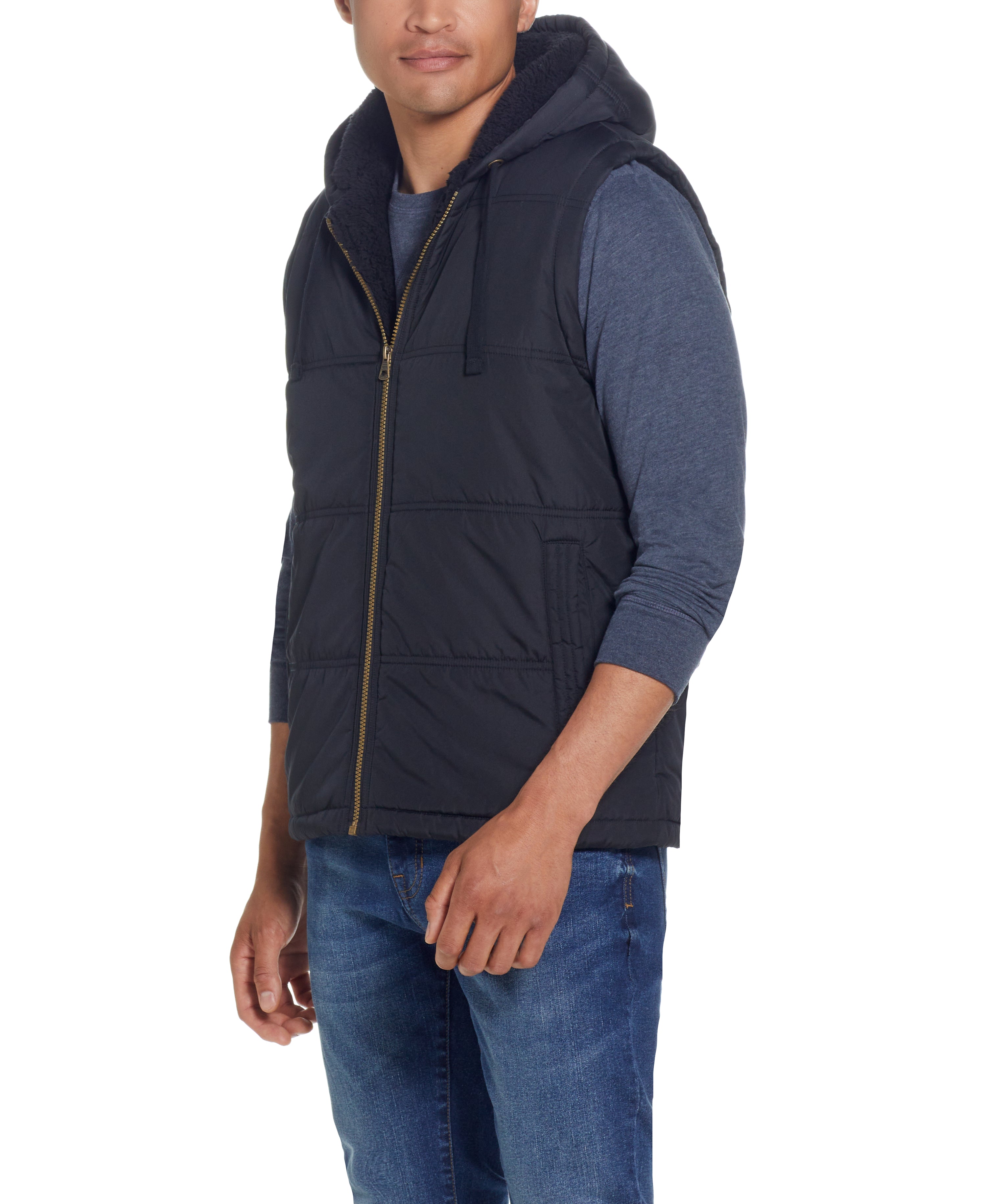 SHERPA LINED HOODED PUFFER VEST in BLACK